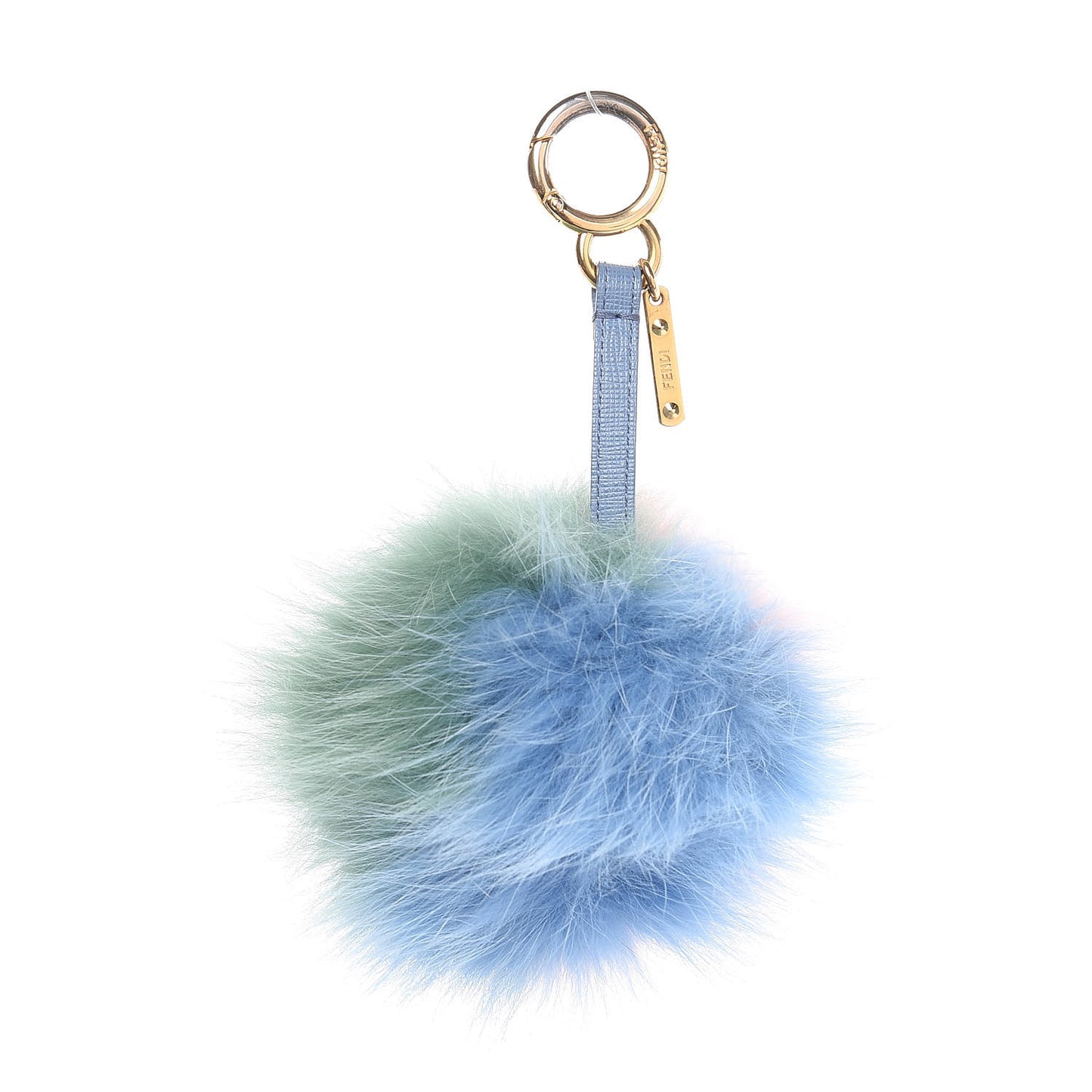 Fox Fur Vitello Elite Tri-Color Pom Pom Bag Charm Pink Nebula Acqua Ceruleo