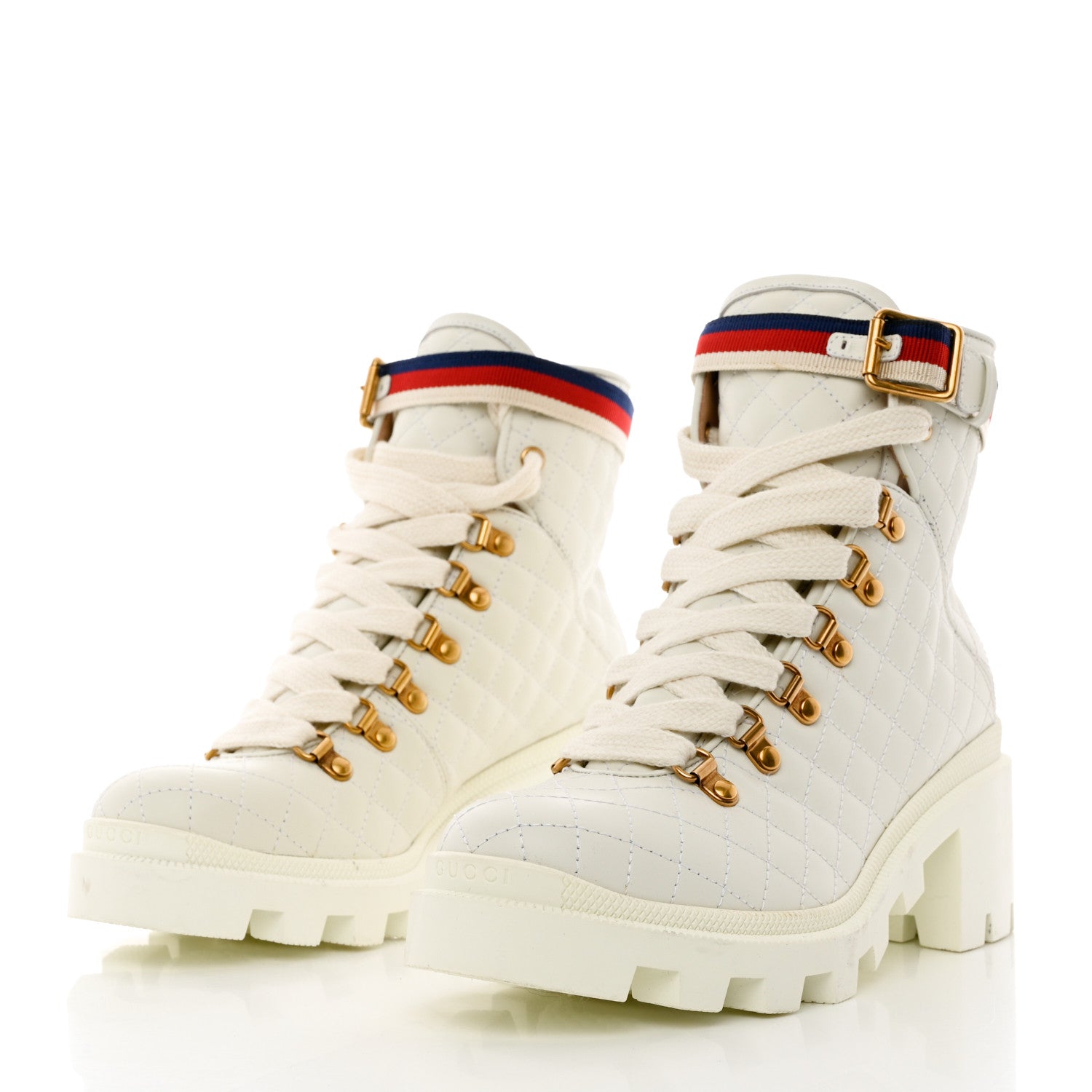 Gucci Calfskin Quilted Sylvie Web Lace Up Combat Ankle Boots 38.5 White 3 of 12