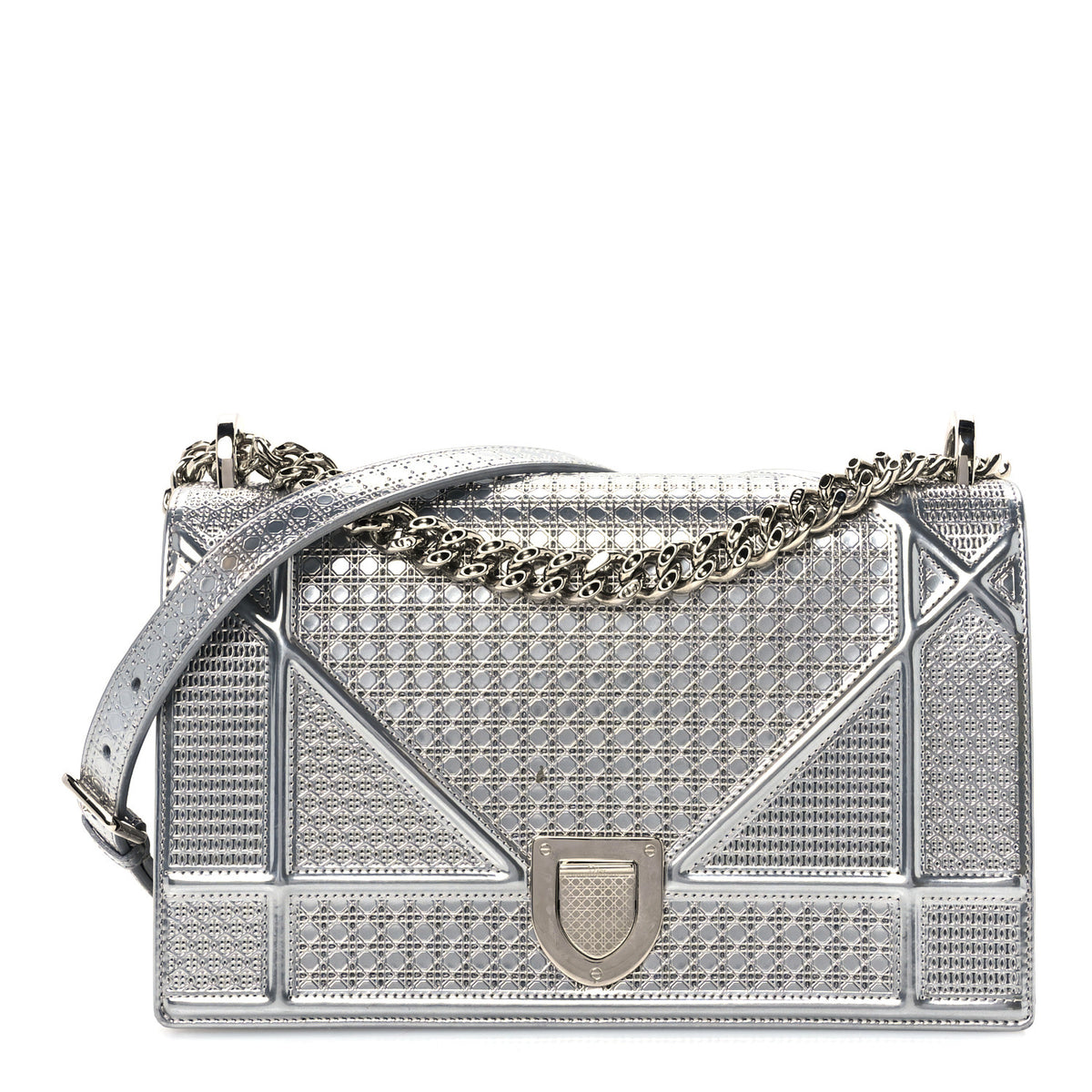 Christian Dior Metallic Patent Micro-Cannage Medium Diorama Flap Bag Silver 1 of 10