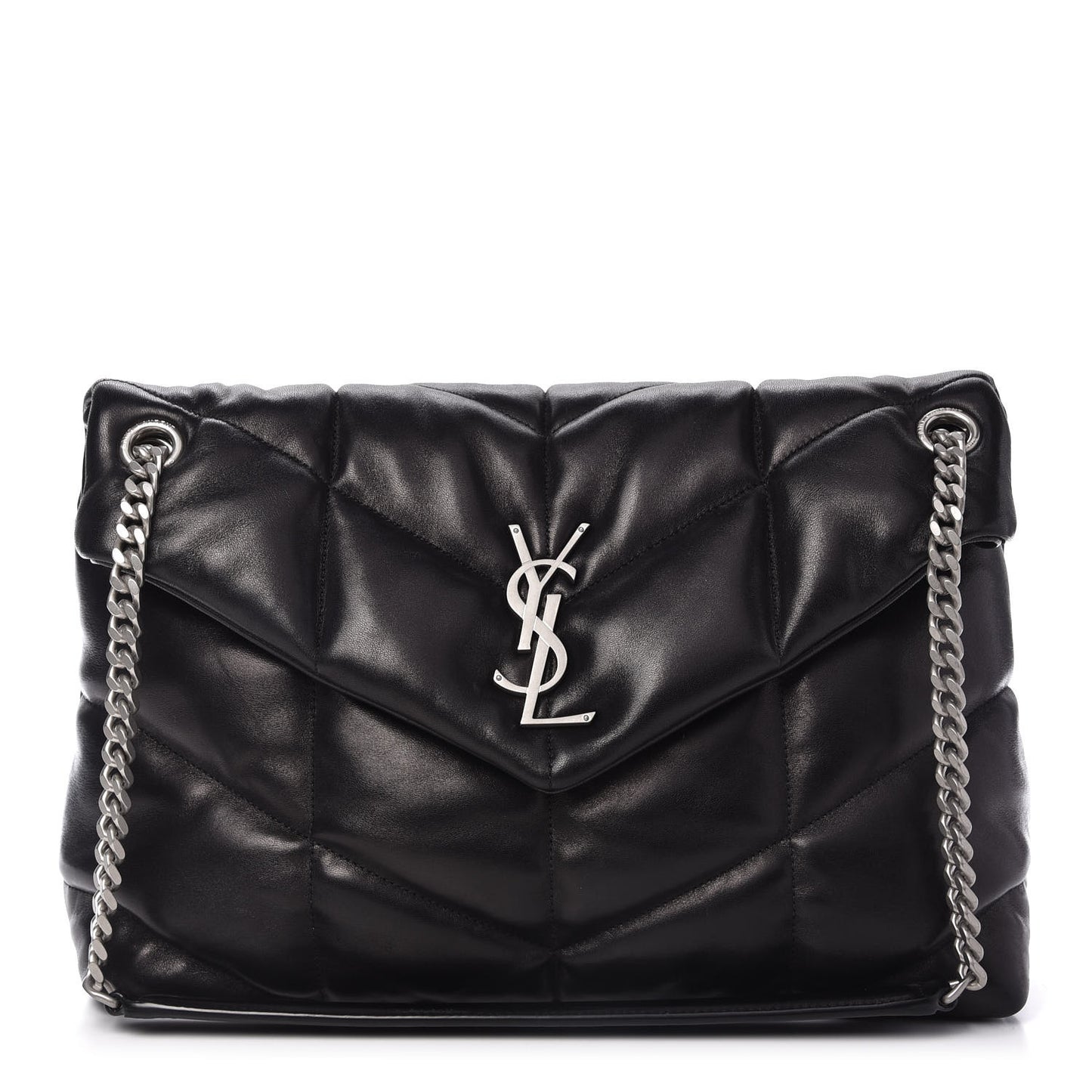 Lambskin Quilted Medium Loulou Puffer Monogram Chain Satchel Black