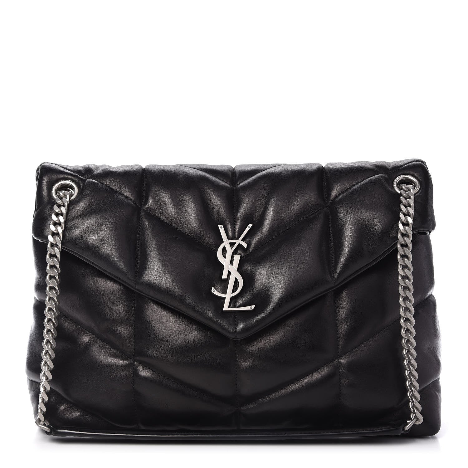 Saint Laurent Lambskin Quilted Medium Loulou Puffer Monogram Chain Satchel Black 1 of 10