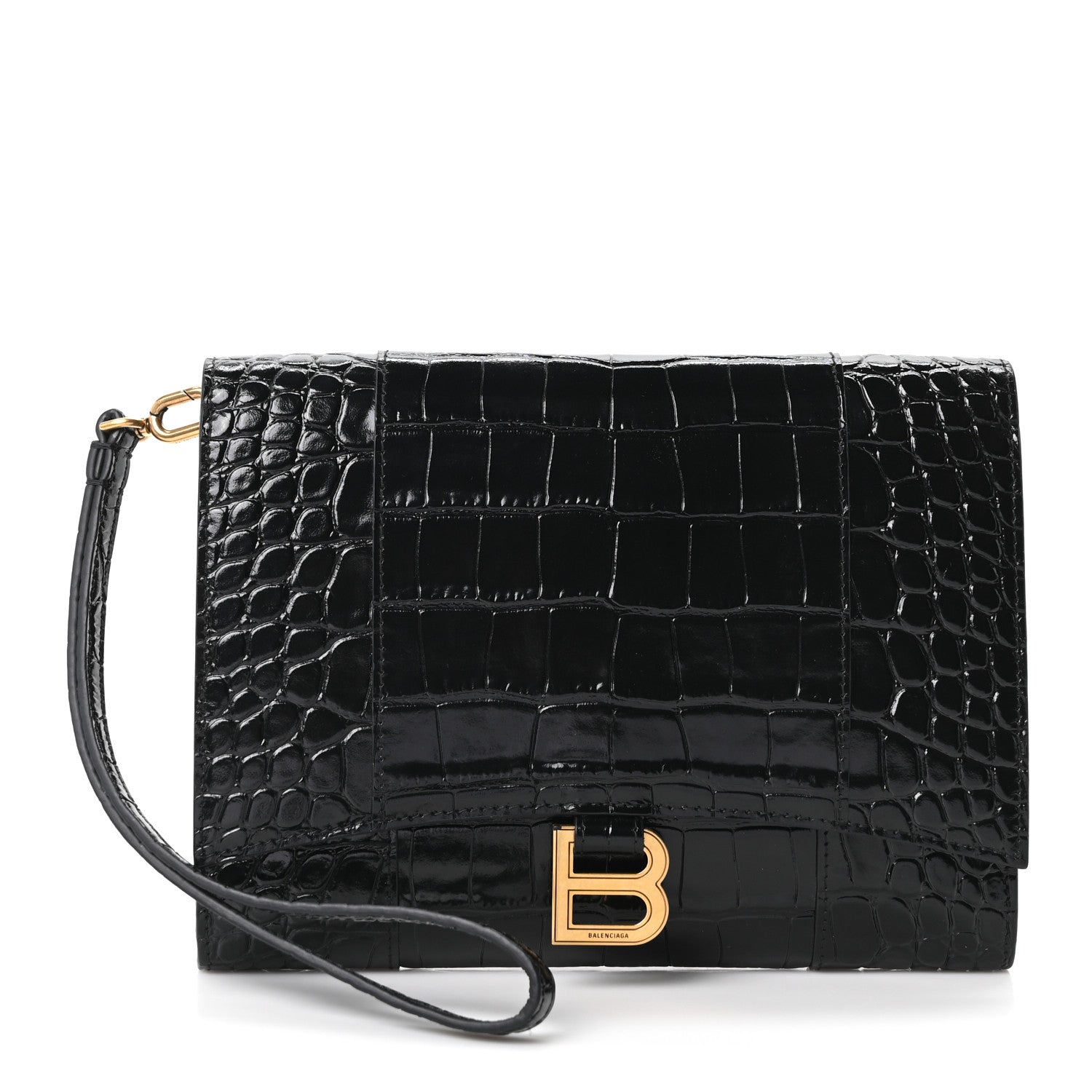 Balenciaga Shiny Calfskin Crocodile Embossed Hourglass Gusset Pouch Black 1 of 9