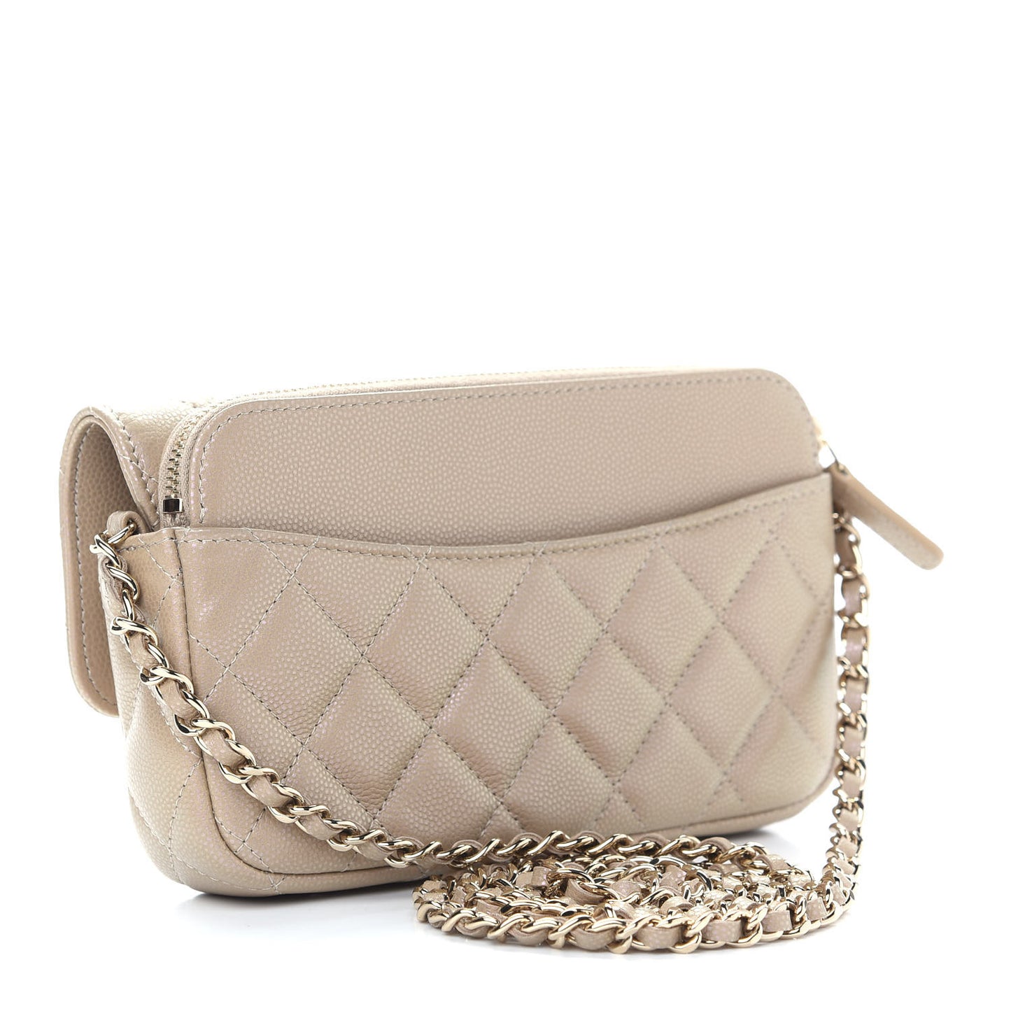 Iridescent Caviar Quilted Flap Phone Holder With Chain Beige