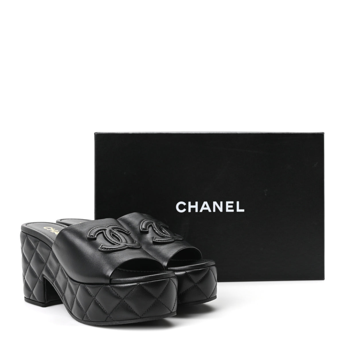 Lambskin Quilted CC Platform Mules 38.5 Black