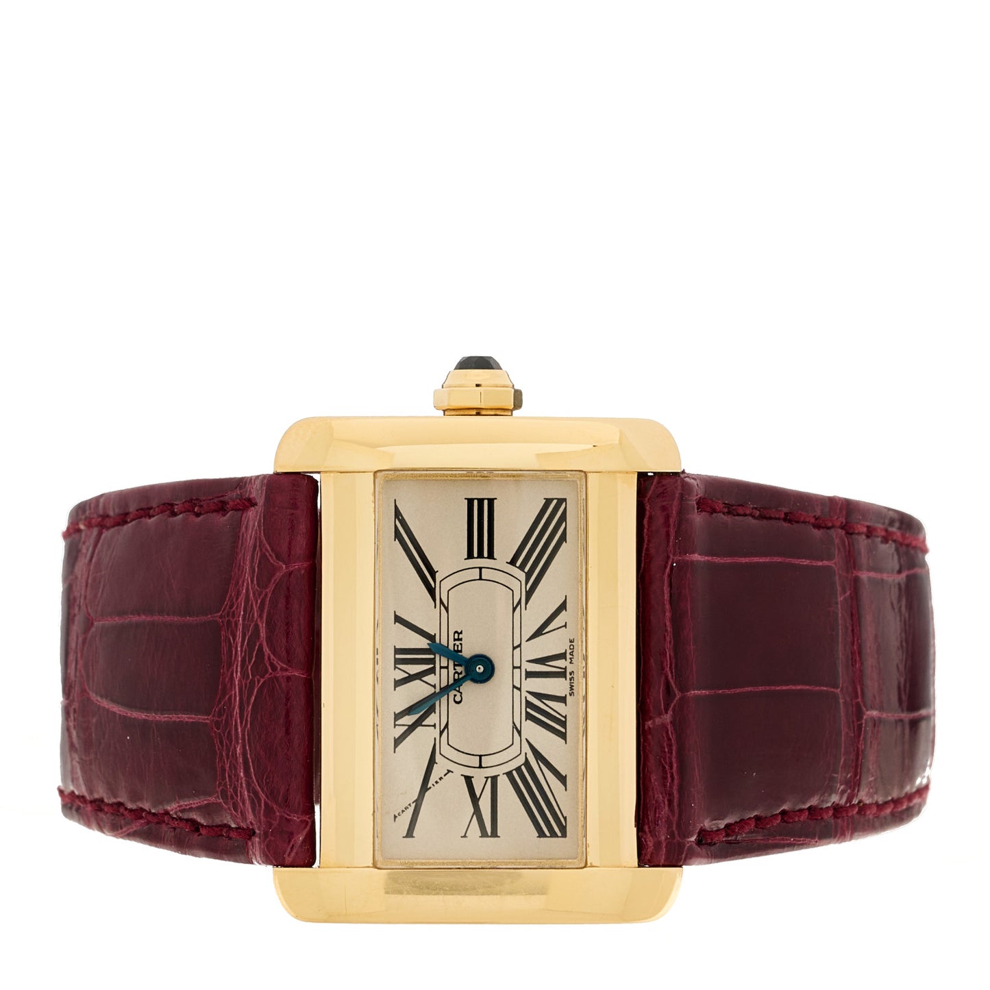 18K Yellow Gold Alligator 32mm Tank Divan Quartz Watch Burgundy