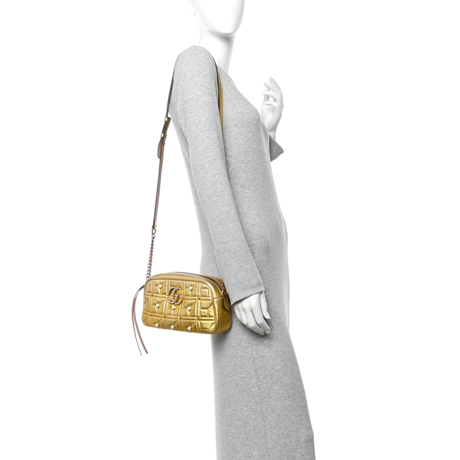 Gucci Metallic Calfskin Matelasse Studded Small Pearly GG Marmont Chain Shoulder Bag Gold 2 of 13