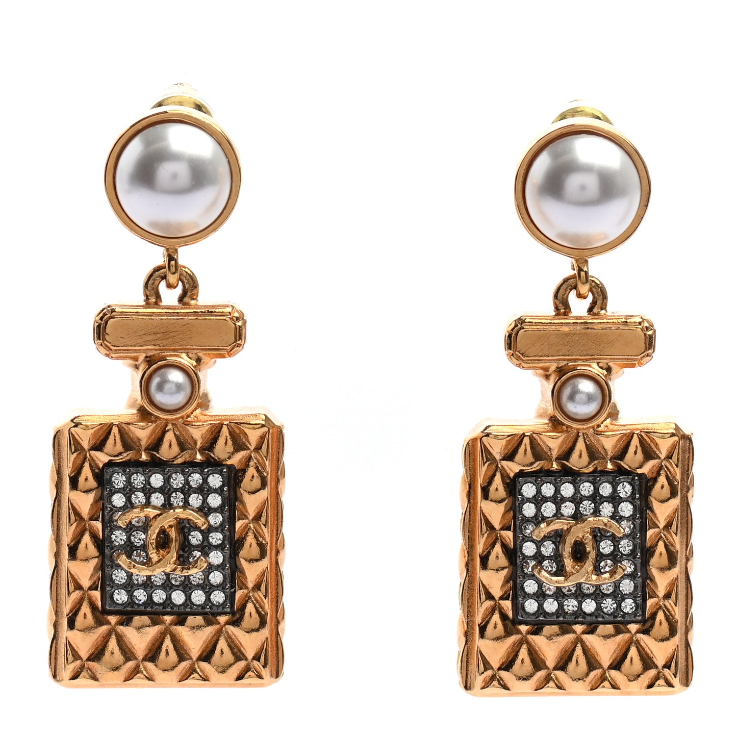 Crystal Pearl CC Perfume Bottle Drop Earrings Gold