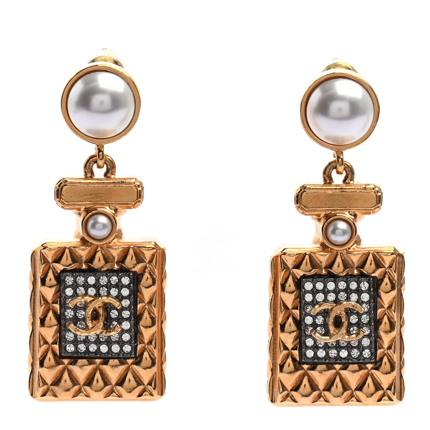 Chanel Crystal Pearl CC Perfume Bottle Drop Earrings Gold 1 of 4