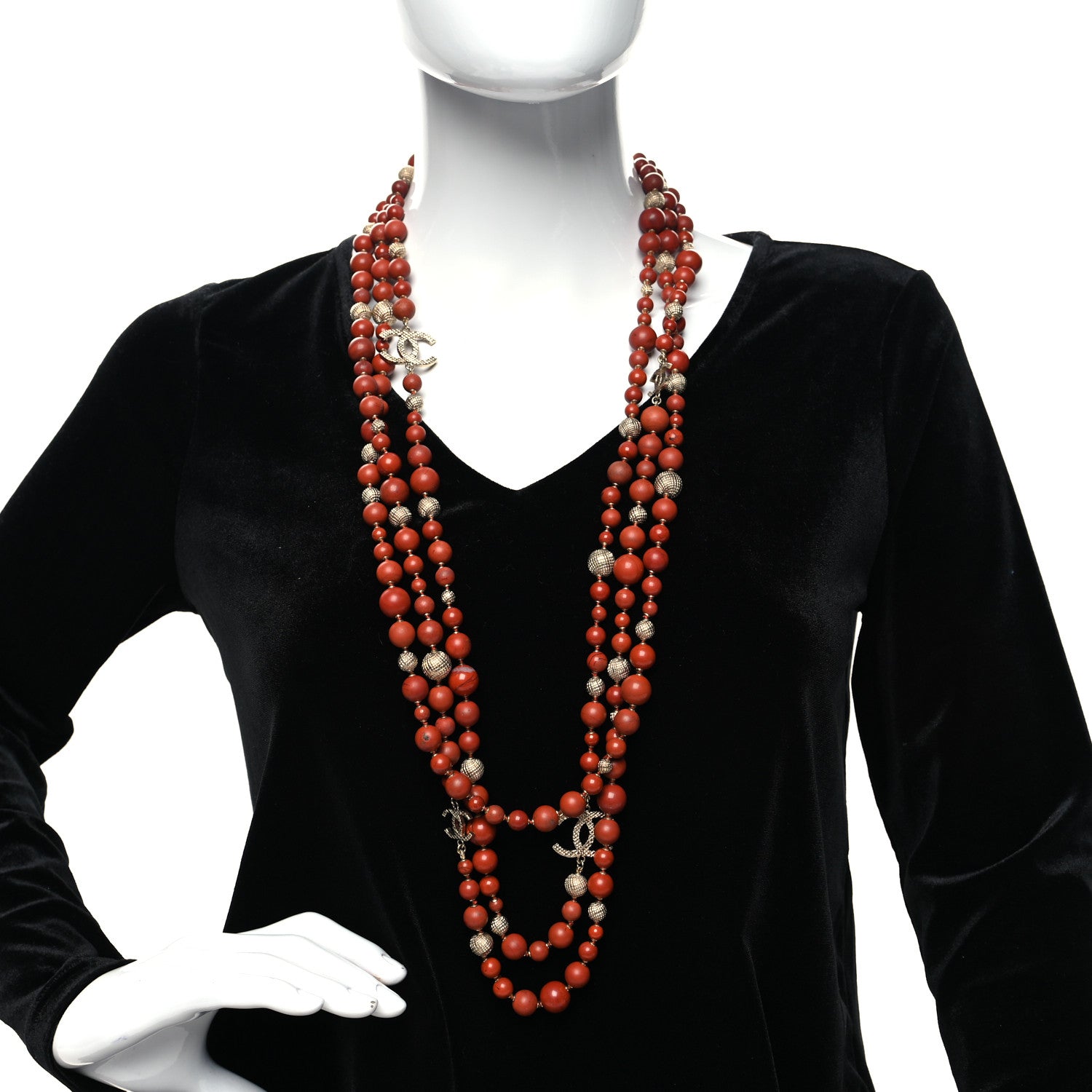 Chanel Metal Marble CC Multi Strand Necklace Gold Red 2 of 5