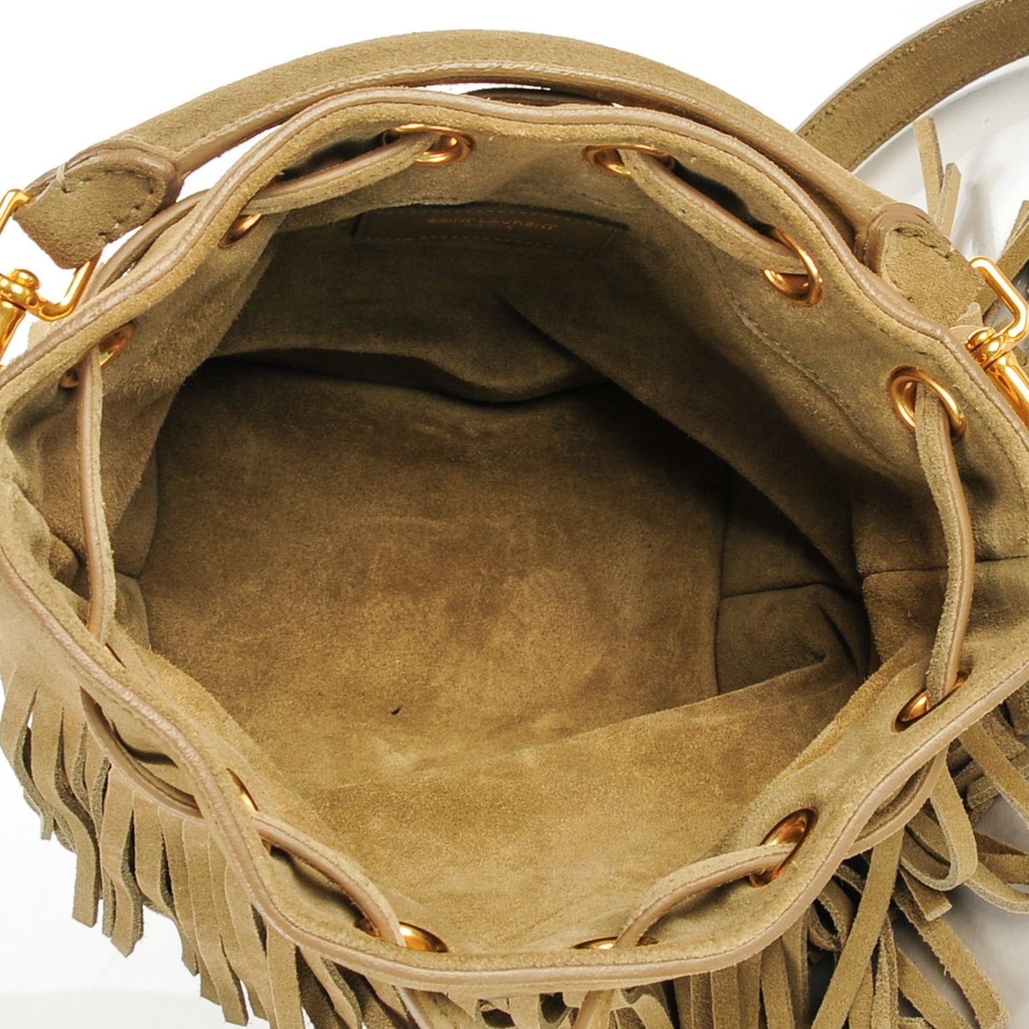 Suede Calfskin Small Emmanuelle Fringe Bucket Bag Khaki