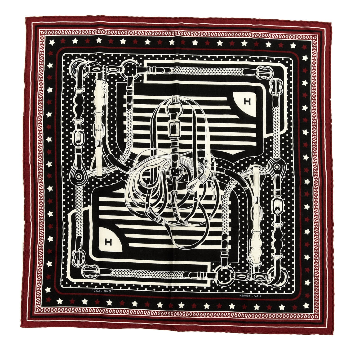 Hermes Cashmere Silk Coaching Bandana Scarf 55 Black Quetsche White 1 of 3