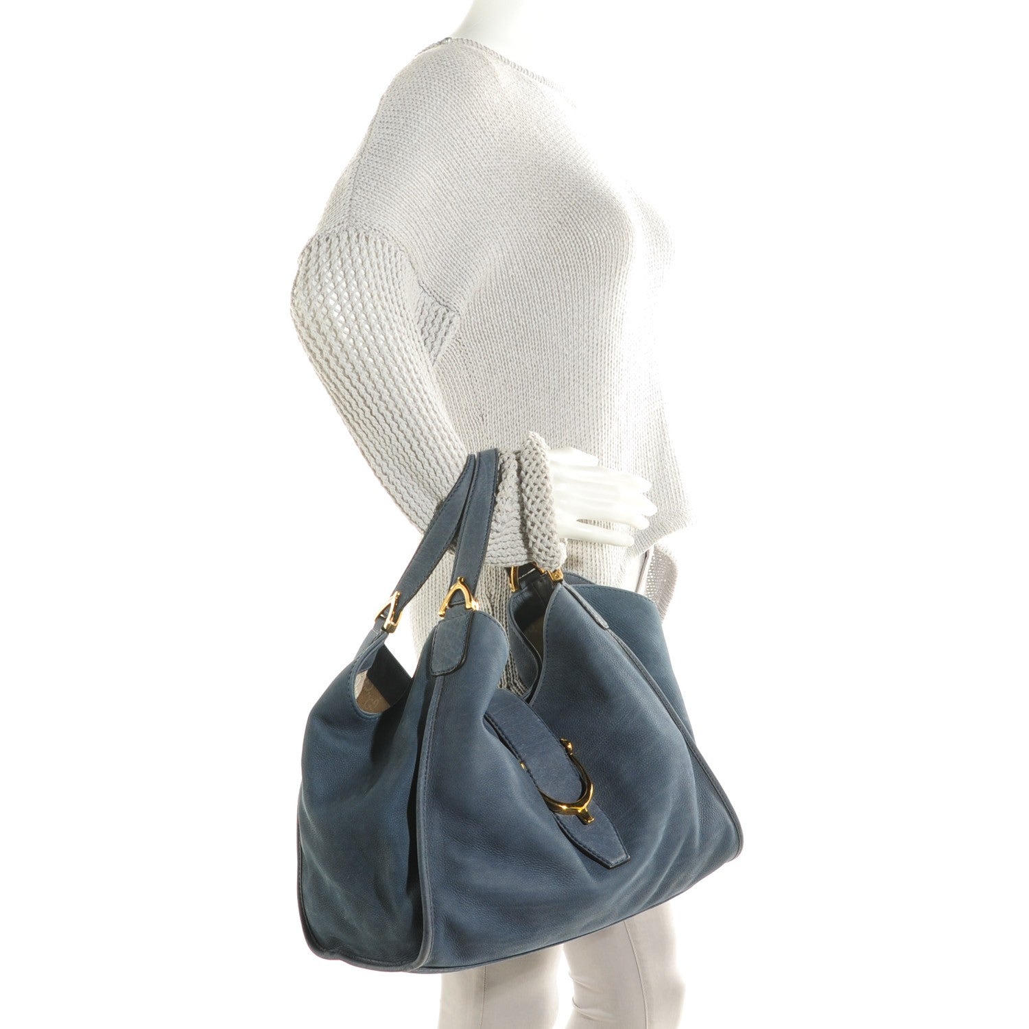 Gucci Nubuck Medium Soft Stirrup Shoulder Bag Navy 2 of 7