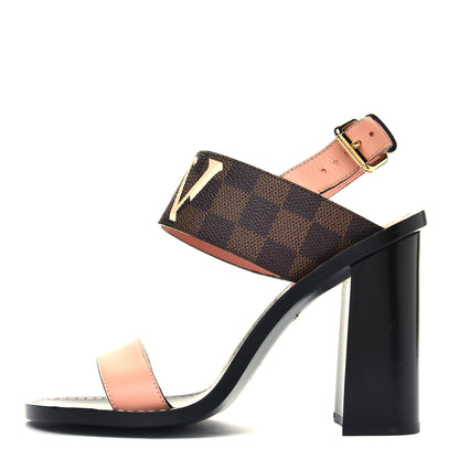 Louis Vuitton Calfskin Damier Ebene Passenger Heeled Sandals 38 1 of 5