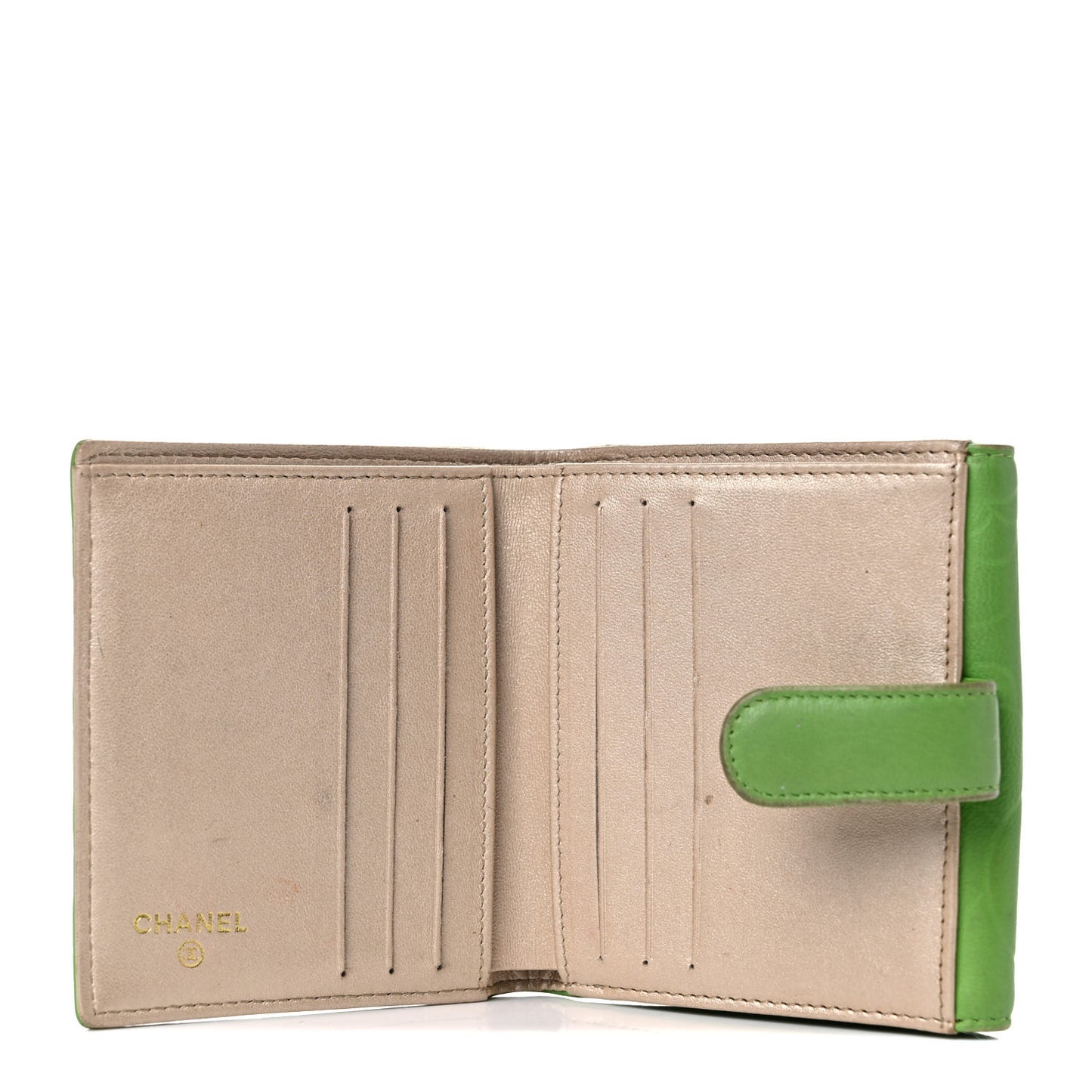 Lambskin Camellia Embossed Compact French Flap Wallet Green