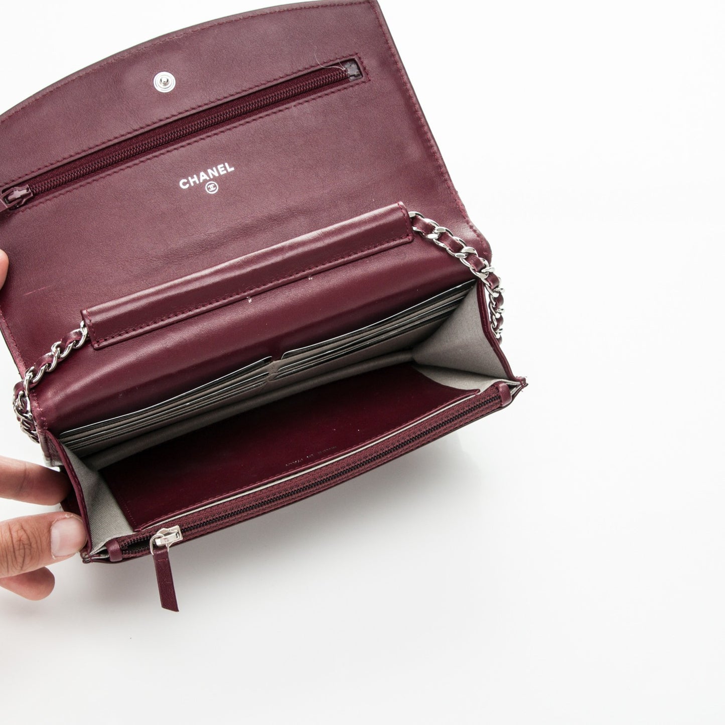Patent Quilted Brilliant Wallet On Chain WOC Light Burgundy