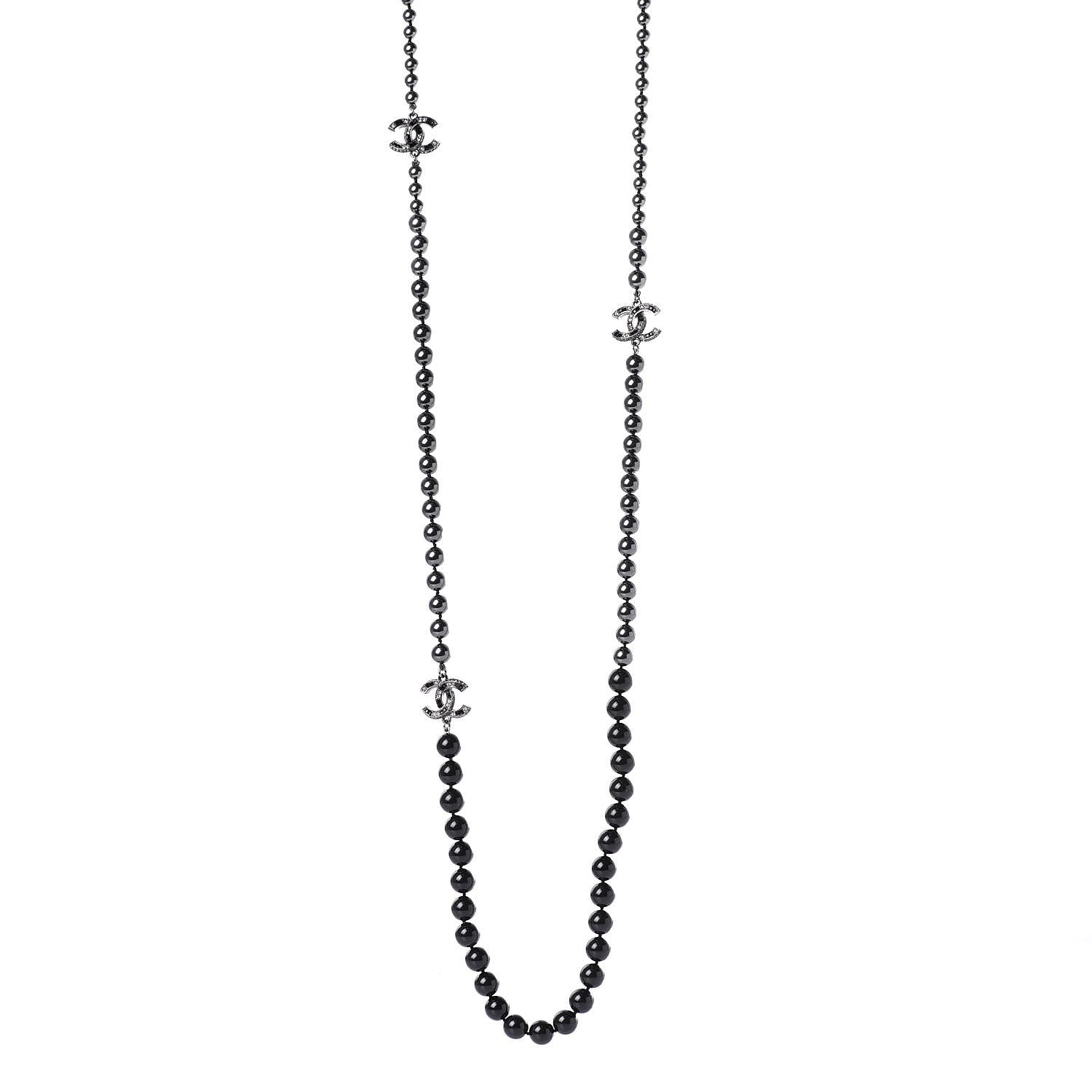 Chanel Ruthenium Graduated Bead Crystal CC Long Necklace Black 1 of 6
