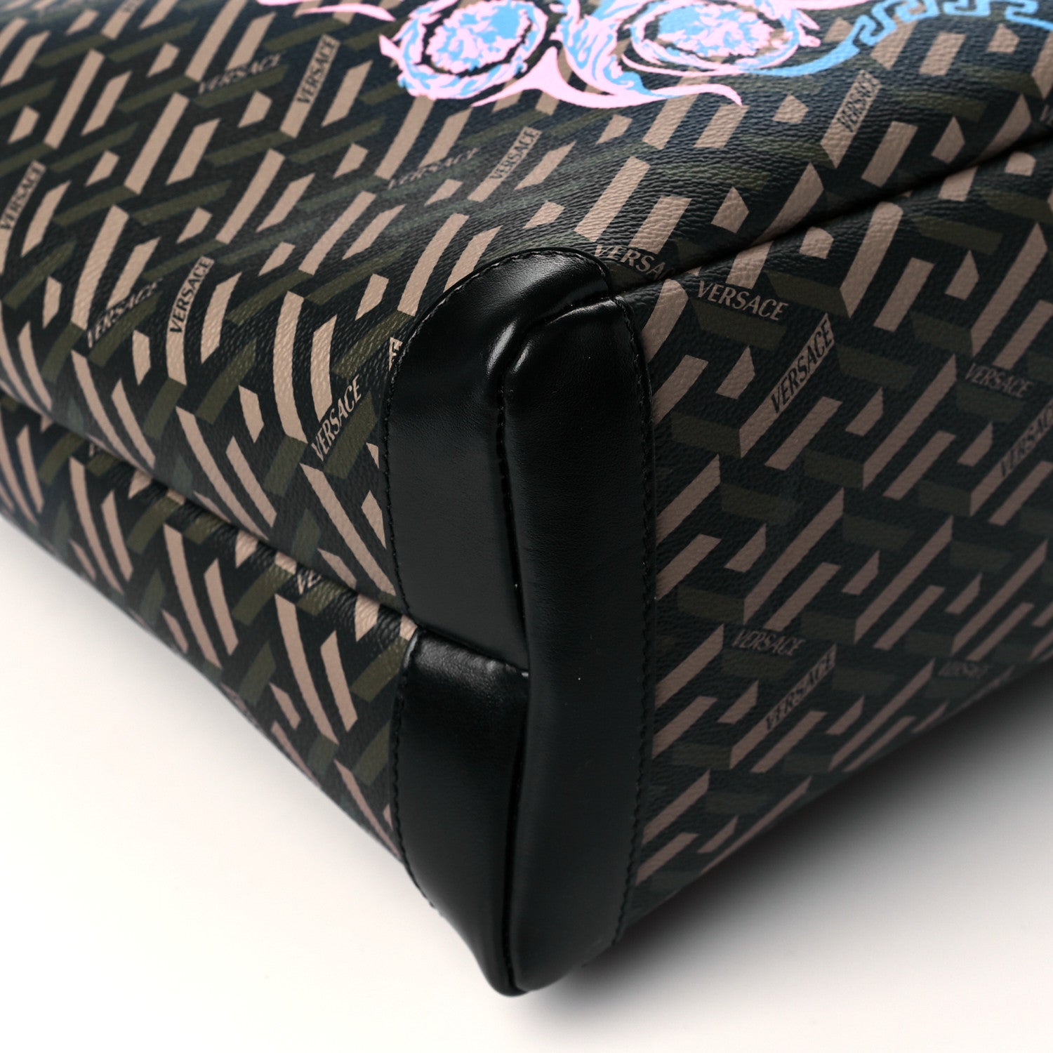 Versace Coated Canvas Calfskin La Greca Medusa Music Signature Shopper Tote Bag Black Khaki Multicolor 8 of 9