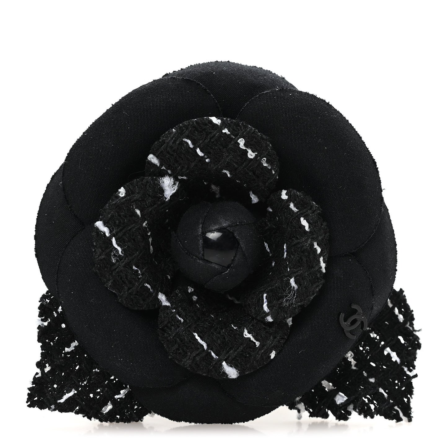 Tweed Camellia Pin Brooch Black White