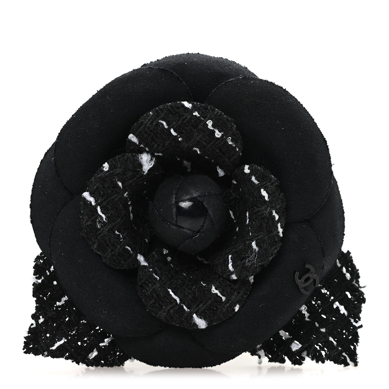 Chanel Tweed Camellia Pin Brooch Black White 1 of 3