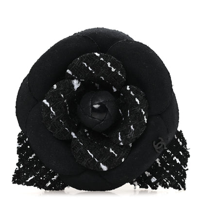 Chanel Tweed Camellia Pin Brooch Black White 1 of 3