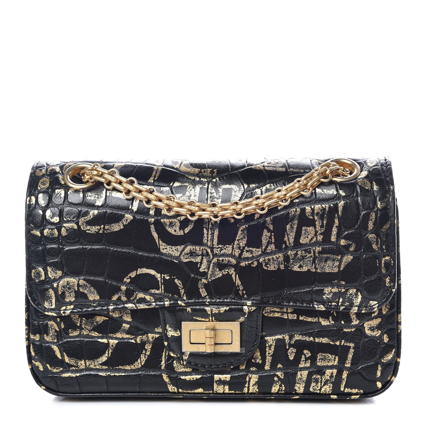Calfskin Crocodile Embossed Graffiti 2.55 Mini Cocodile Reissue Flap Black Gold