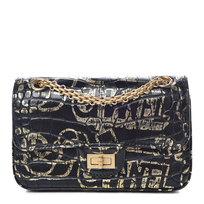Chanel Calfskin Crocodile Embossed Graffiti 2.55 Mini Cocodile Reissue Flap Black Gold 1 of 10