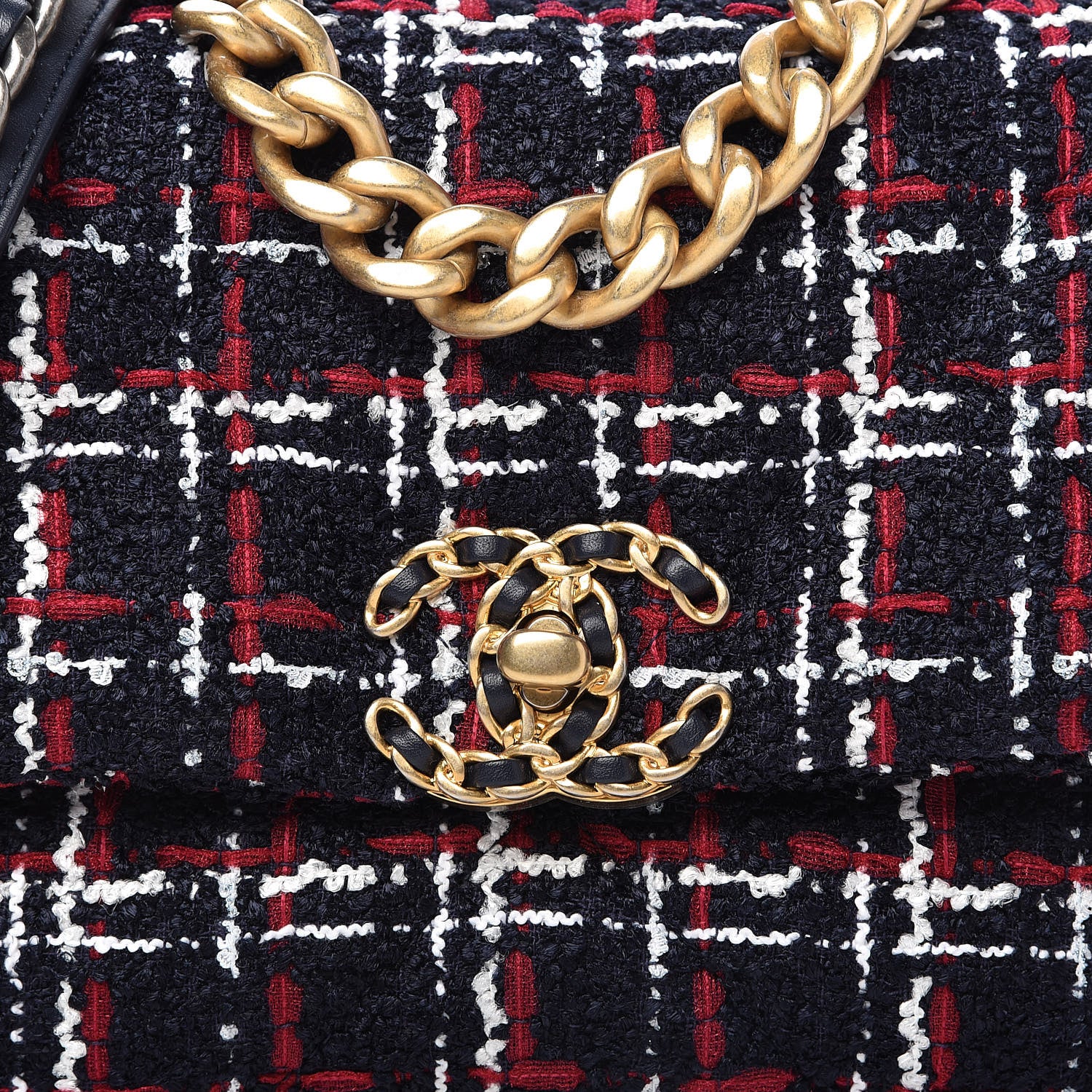 Chanel Tweed Quilted Medium Chanel 19 Flap Navy Blue White Red 10 of 11