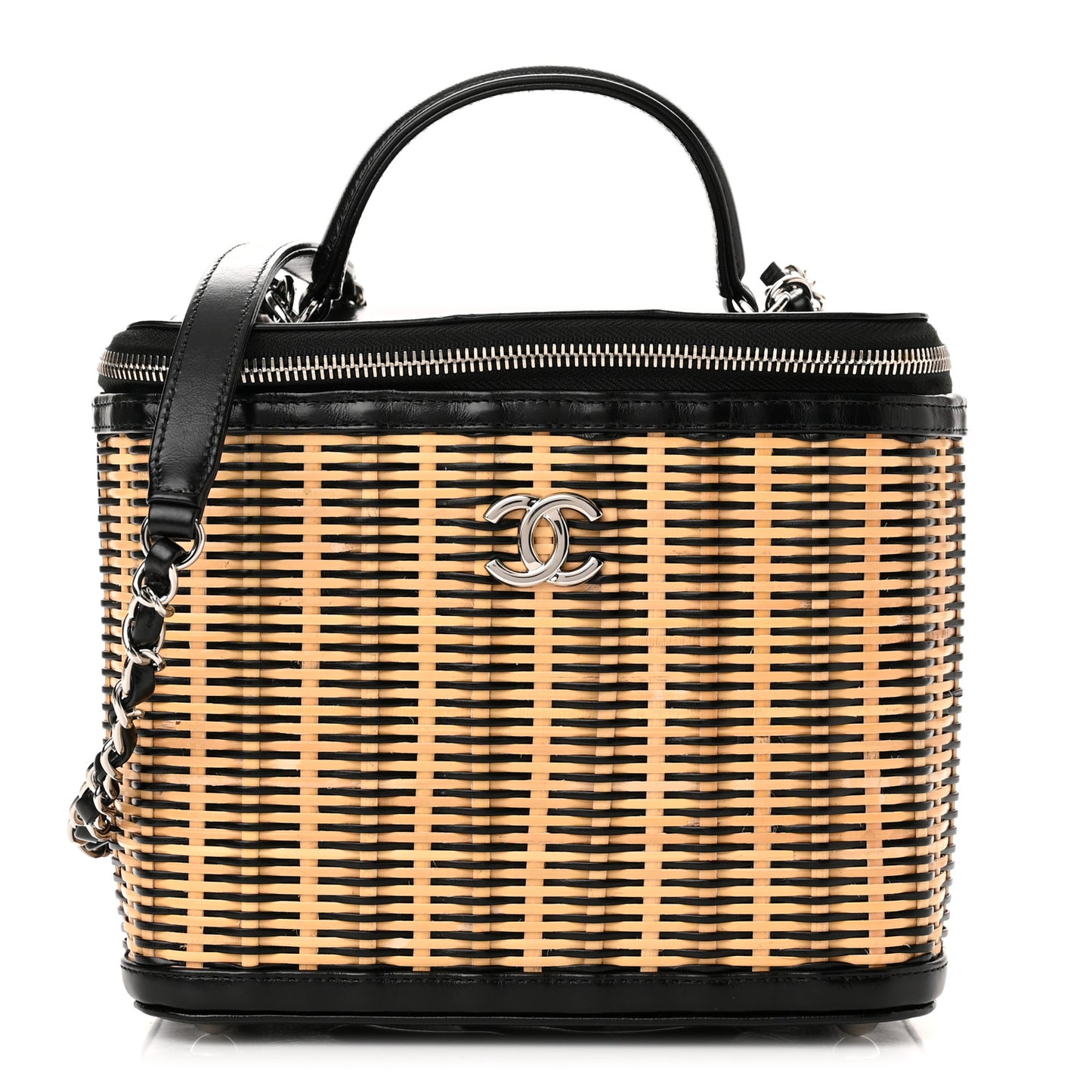 Glazed Calfskin Raffia Vanity Case Bag Black Beige