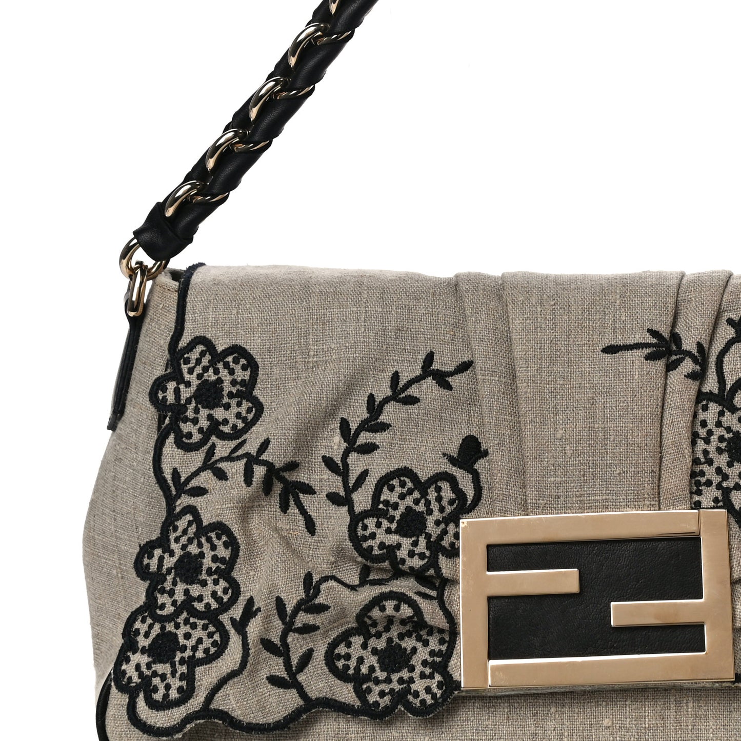 Linen Embroidered Mia Shoulder Flap Beige Black