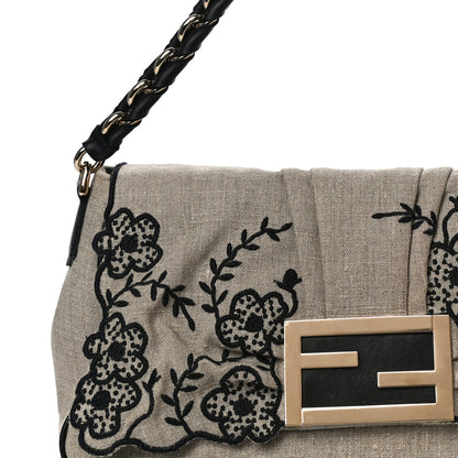 Fendi Linen Embroidered Mia Shoulder Flap Beige Black 9 of 21