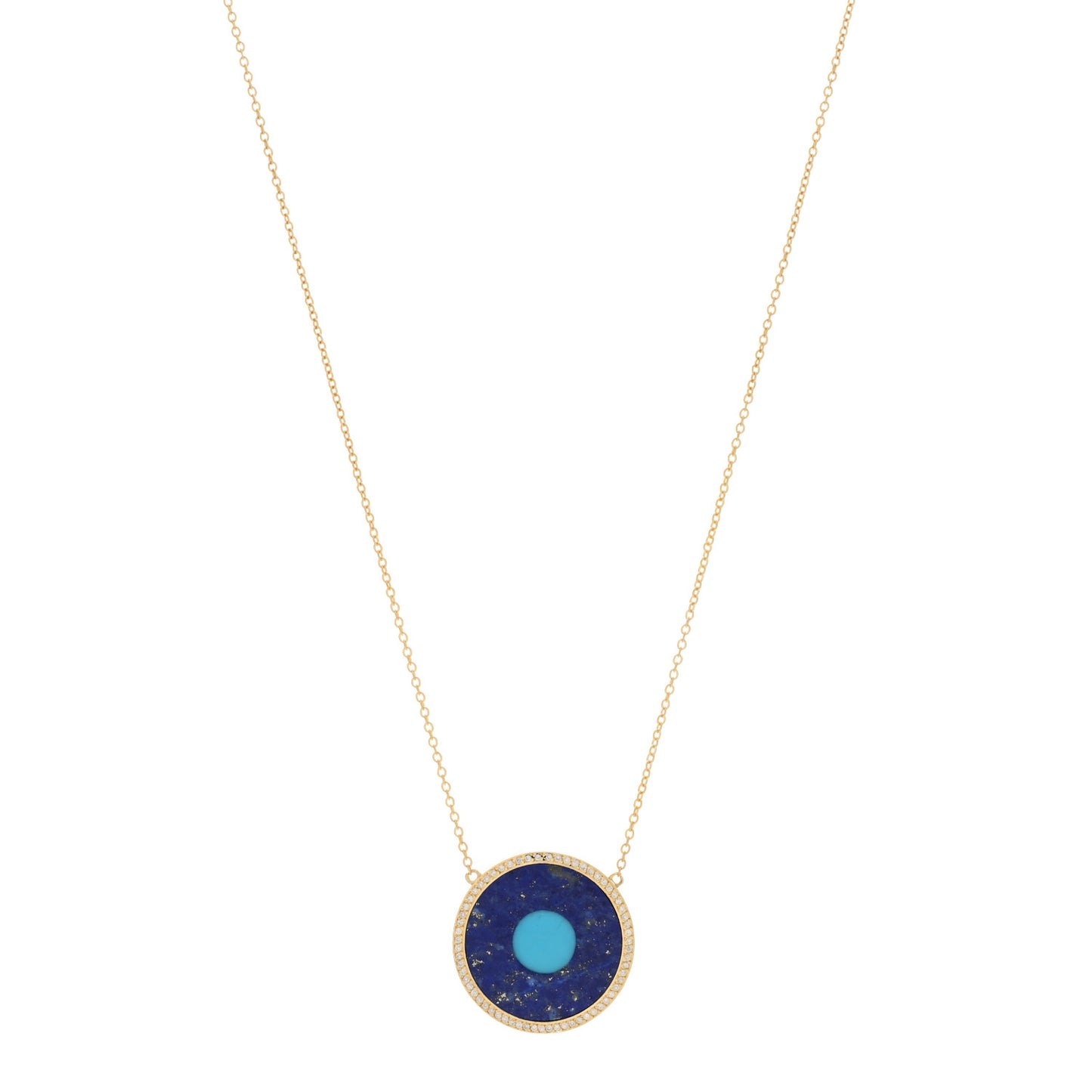 18K Yellow Gold Diamond Lapis Lazuli Turquoise Evil Eye Pendant Necklace