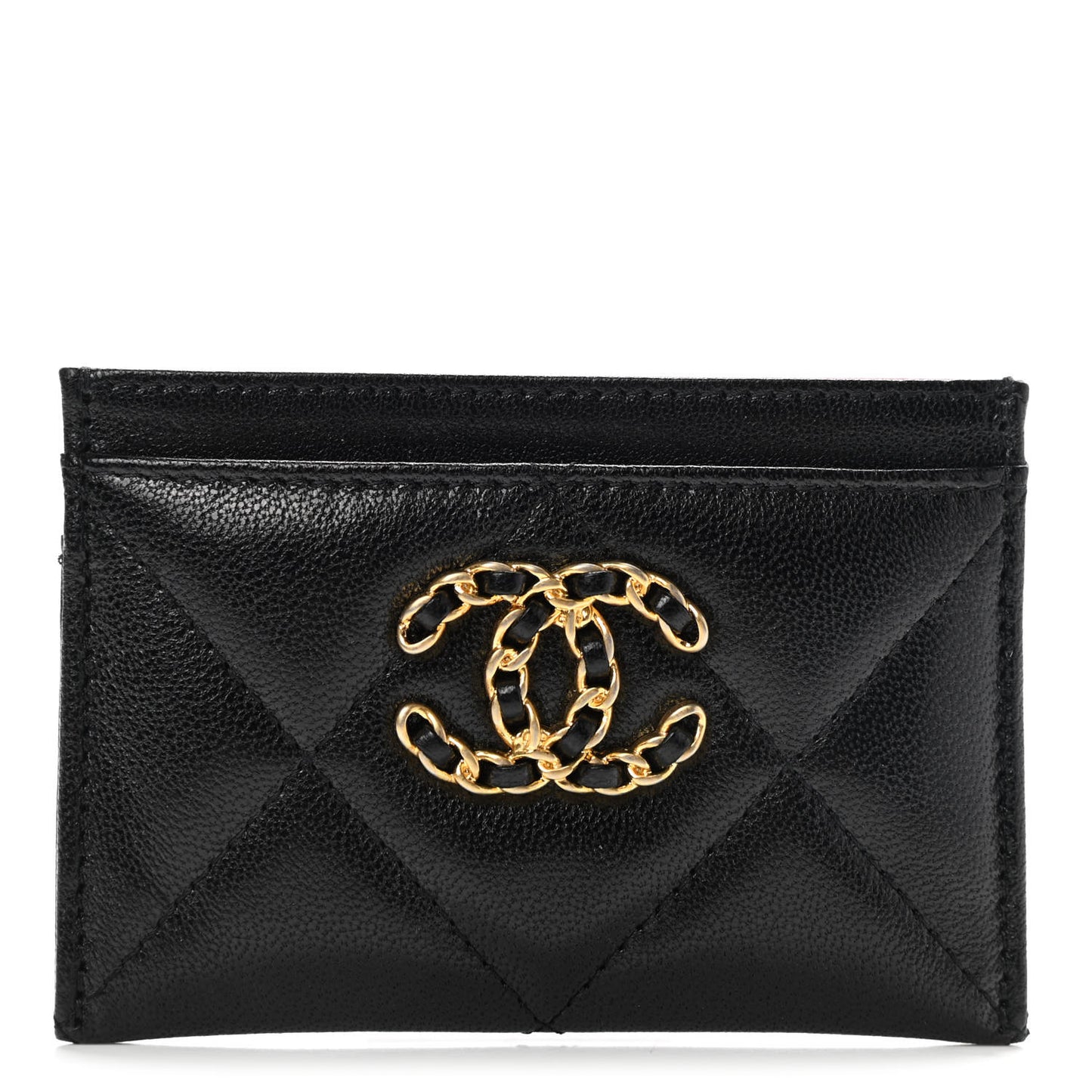 Shiny Goatskin Quilted Chanel 19 Card Holder Black