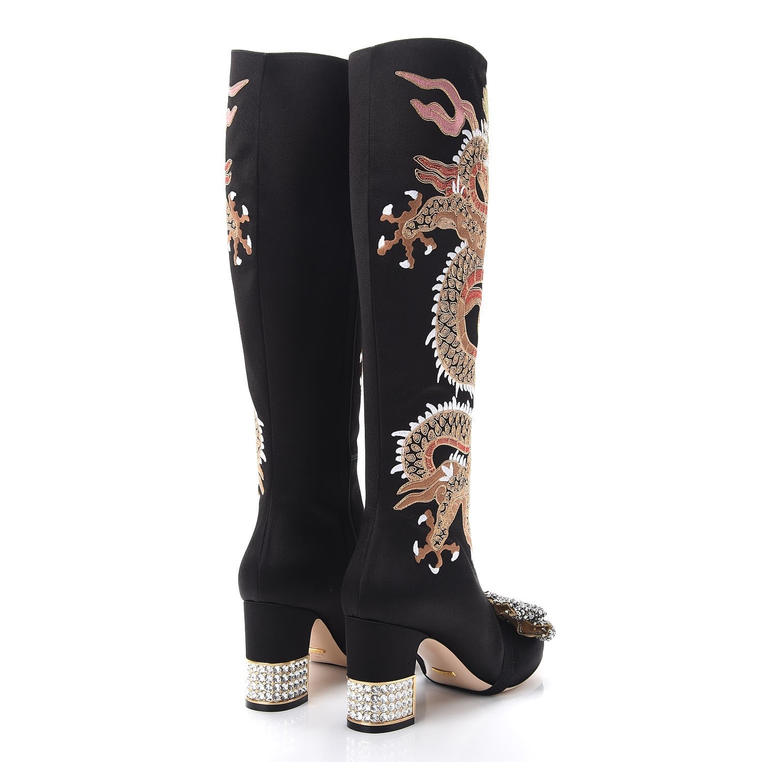 Gucci Silk Satin Malaga Kid Embroidered Candy Dragon Block-Heel Knee Boot 40 Nero Black 4 of 11