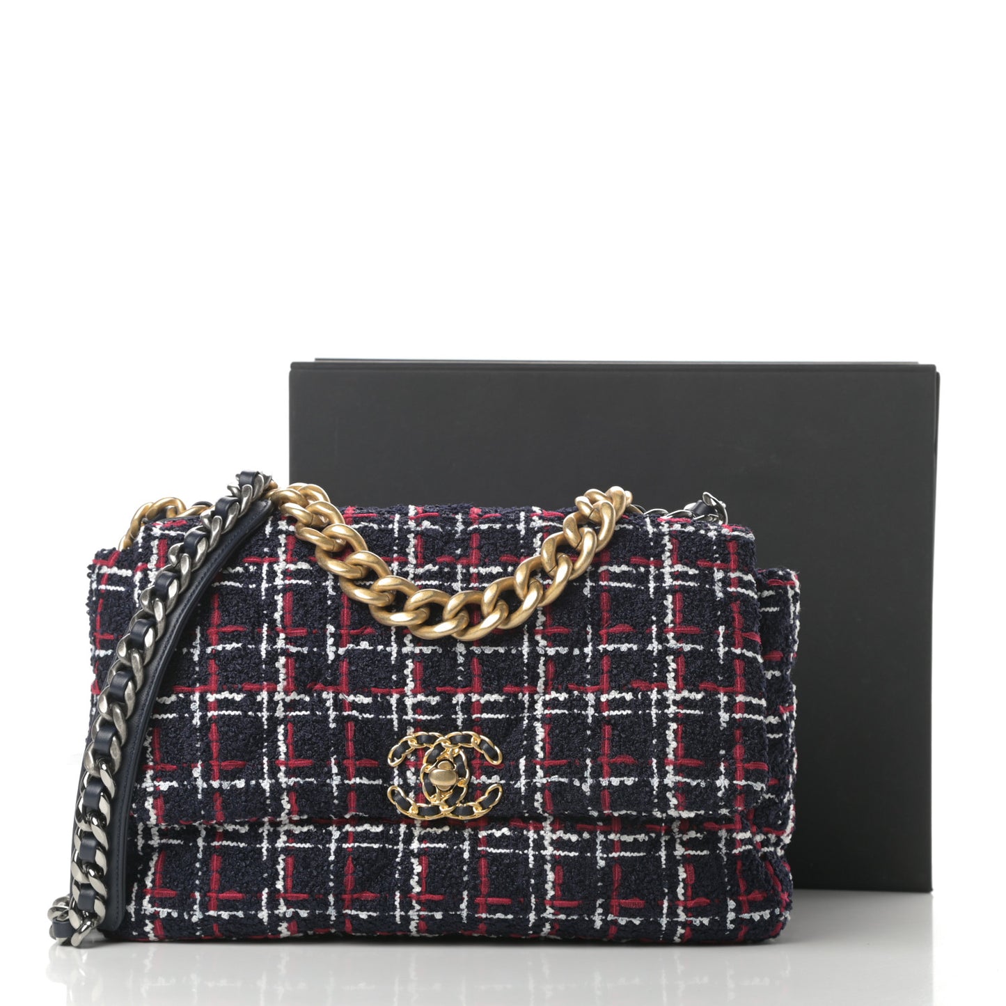 Tweed Quilted Medium Chanel 19 Flap Navy Blue White Red