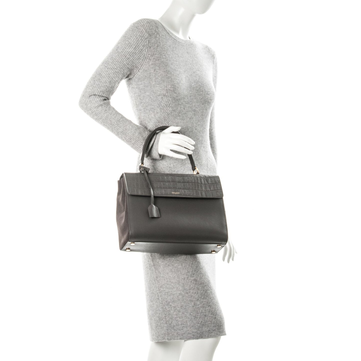 Calfskin Crocodile Embossed Medium Moujik Top Handle Bag Fog