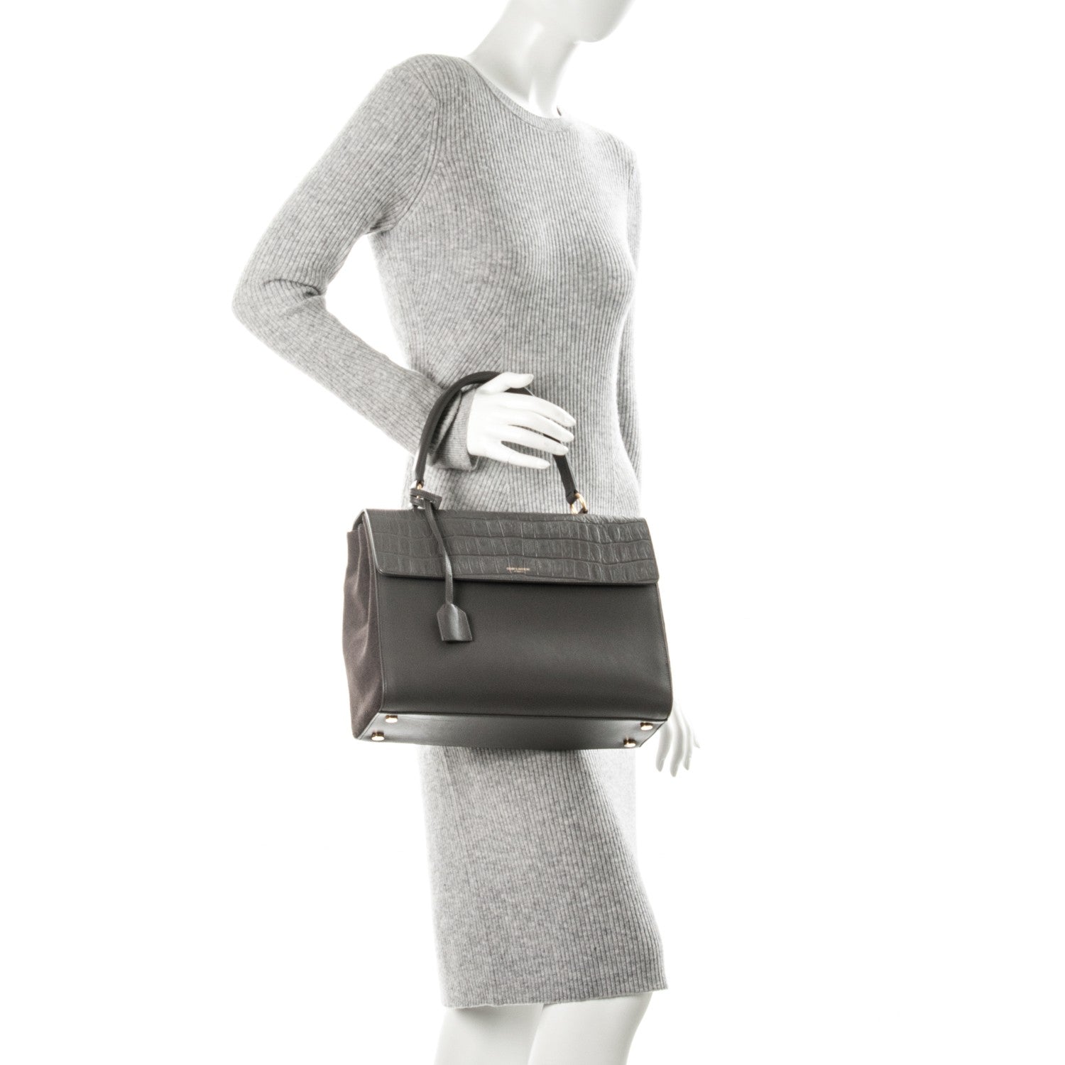 Saint Laurent Calfskin Crocodile Embossed Medium Moujik Top Handle Bag Fog 2 of 7