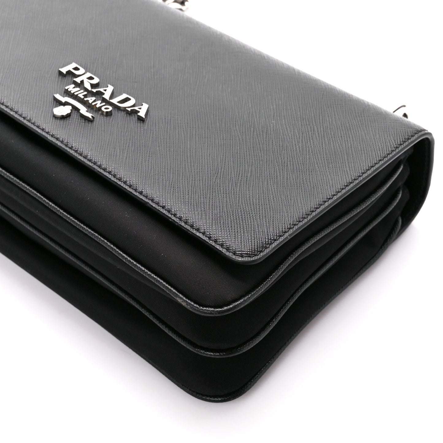 Saffiano Tessuto Nylon Chain Shoulder Bag Black