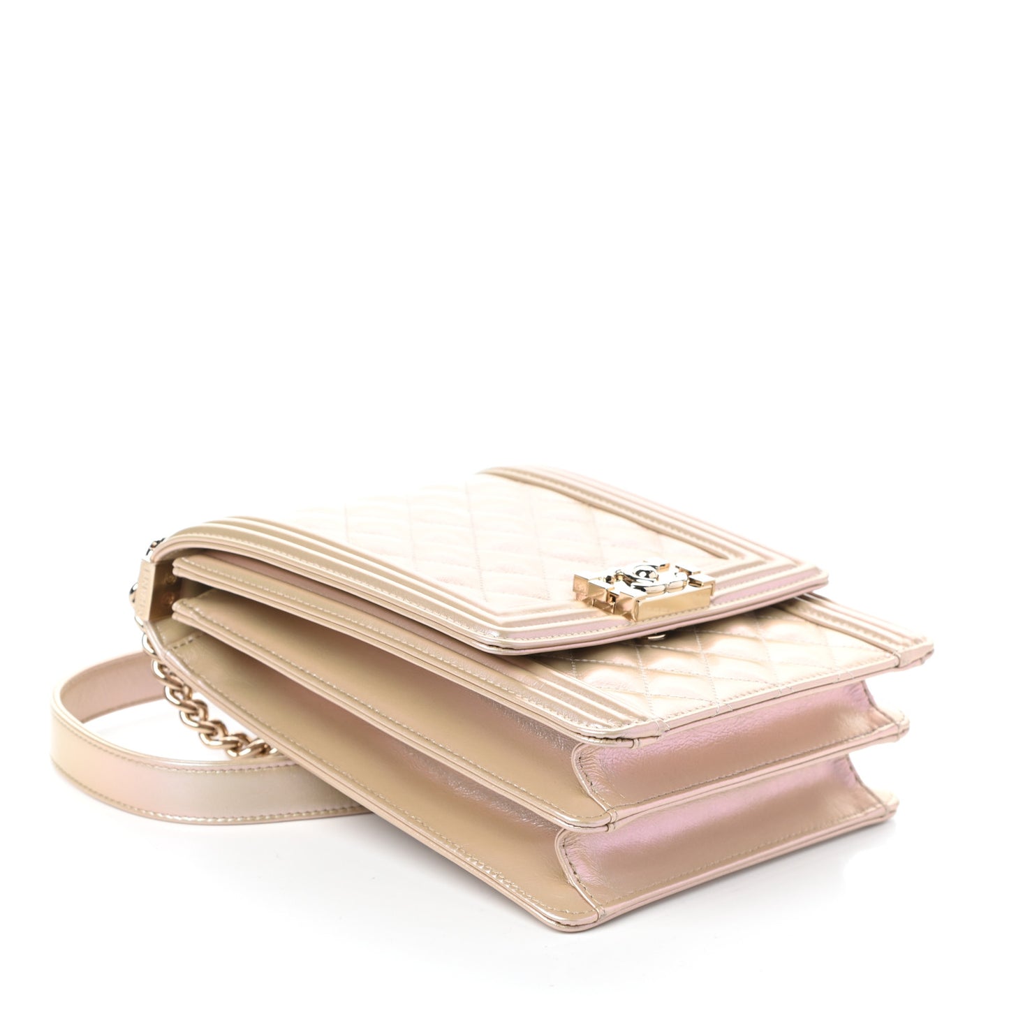 Iridescent Calfskin Quilted North South Boy Flap Beige