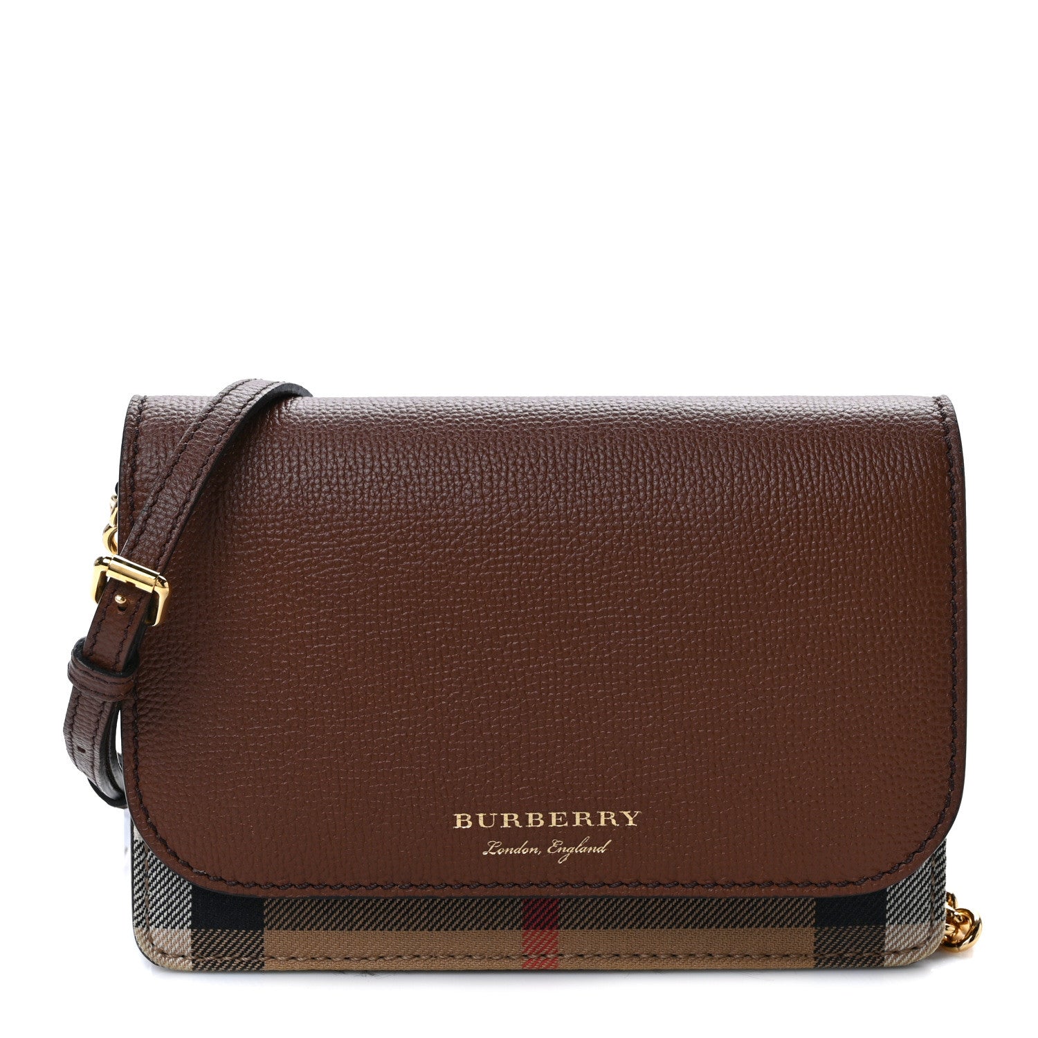 Burberry Grained Calfskin House Check Tartan Mix Hampshire Wallet On Chain Tan 1 of 8