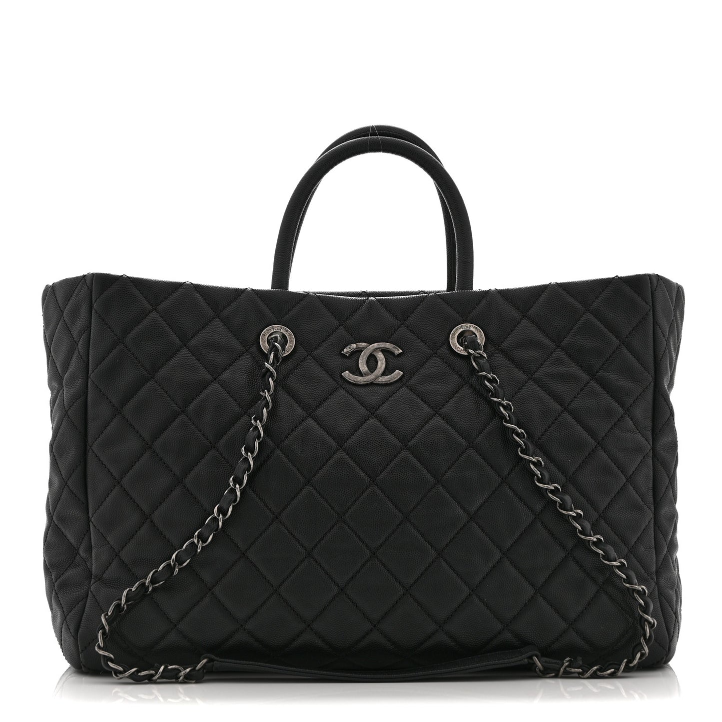 Caviar Quilted Large Coco Handle Shopping Tote Black