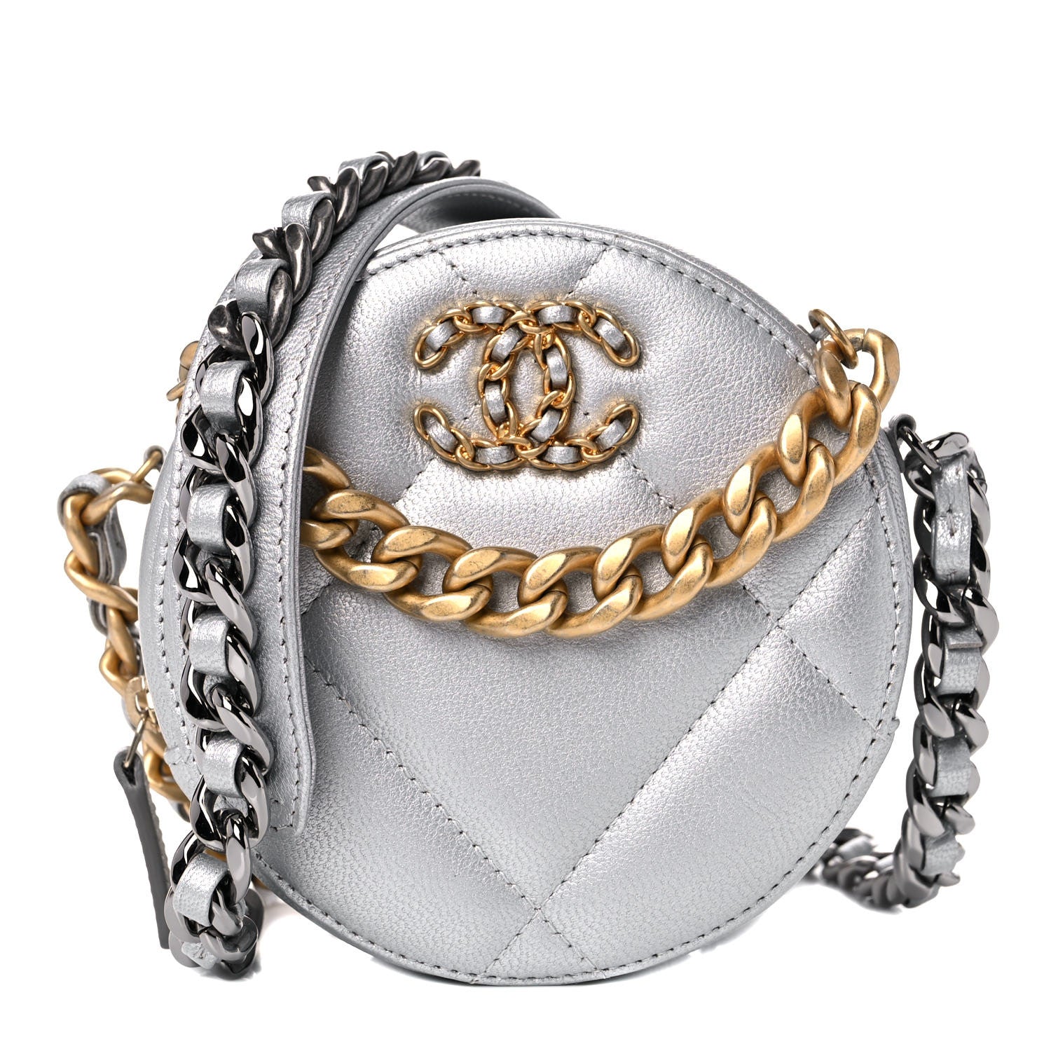 Chanel Metallic Lambskin Quilted Chanel 19 Round Clutch With Chain Silver 1 of 9