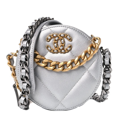 Chanel Metallic Lambskin Quilted Chanel 19 Round Clutch With Chain Silver 1 of 9