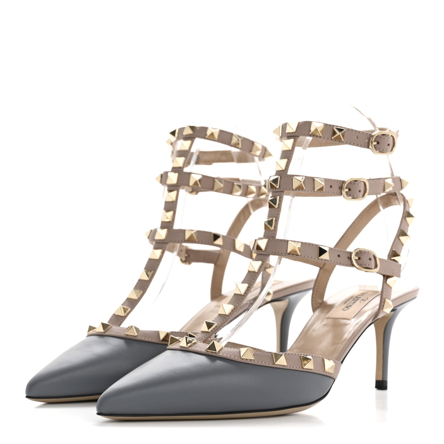 Calfskin Nappa Rockstud Ankle Strap 65mm Pumps 38 Light Stone Poudre