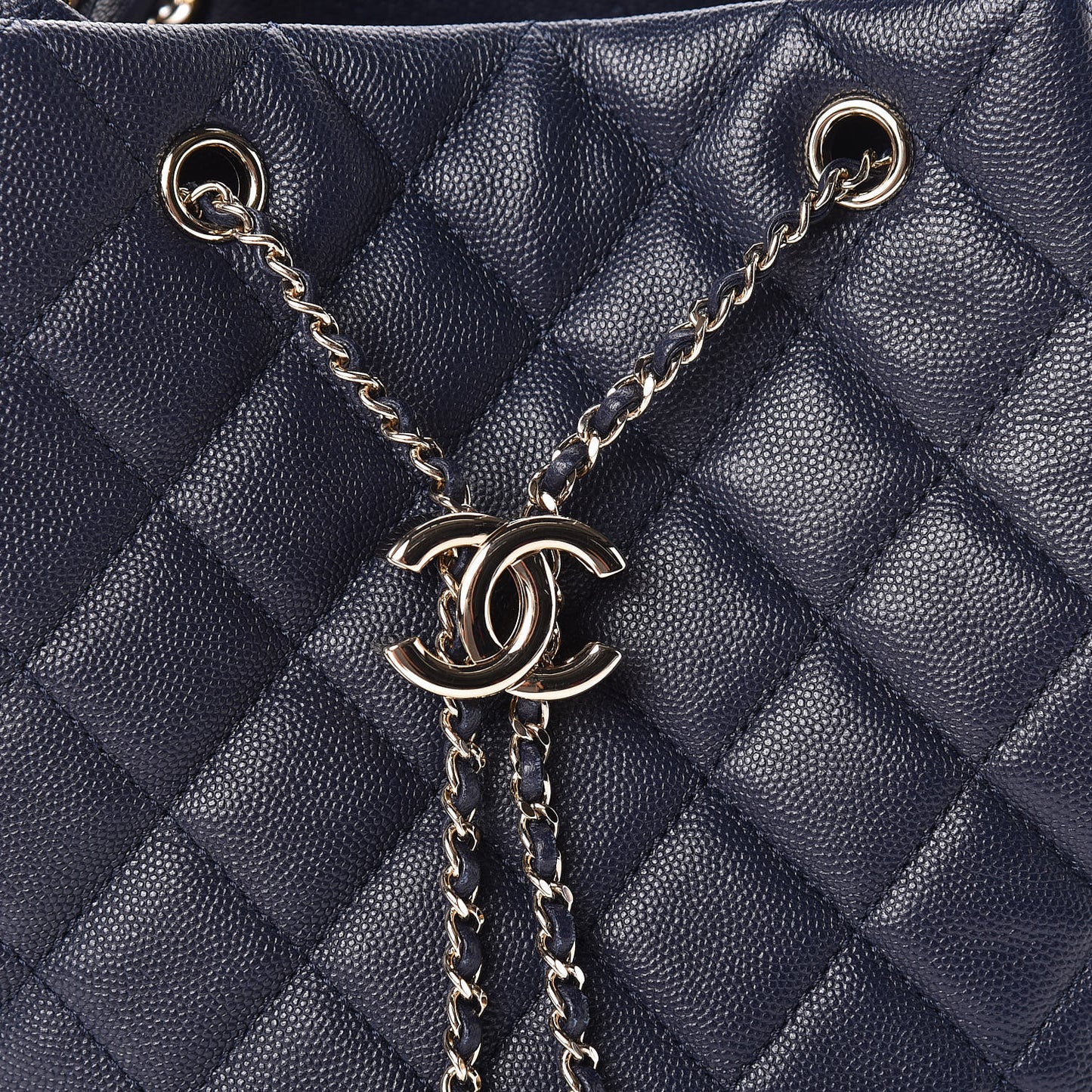 Caviar Quilted Rolled Up Bucket Drawstring Bag Navy