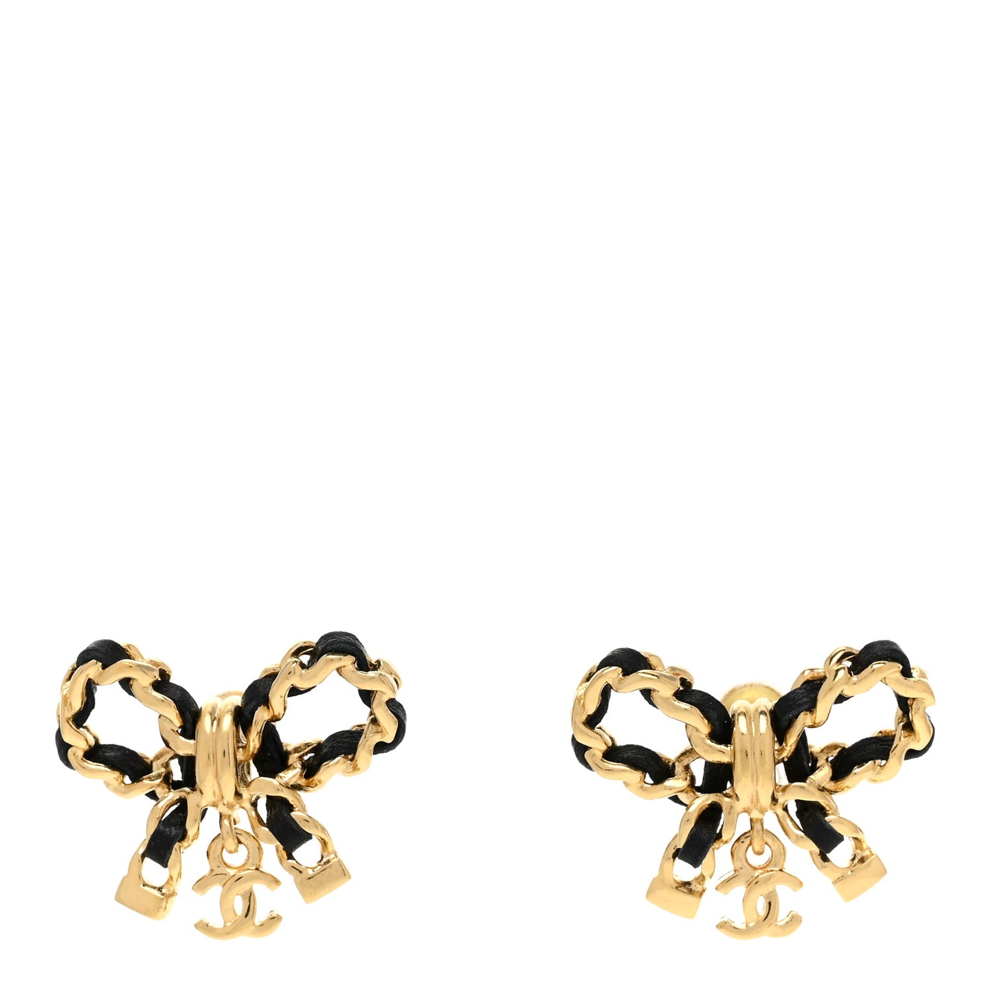 Lambskin Chain Bow Stud Earrings Black Gold