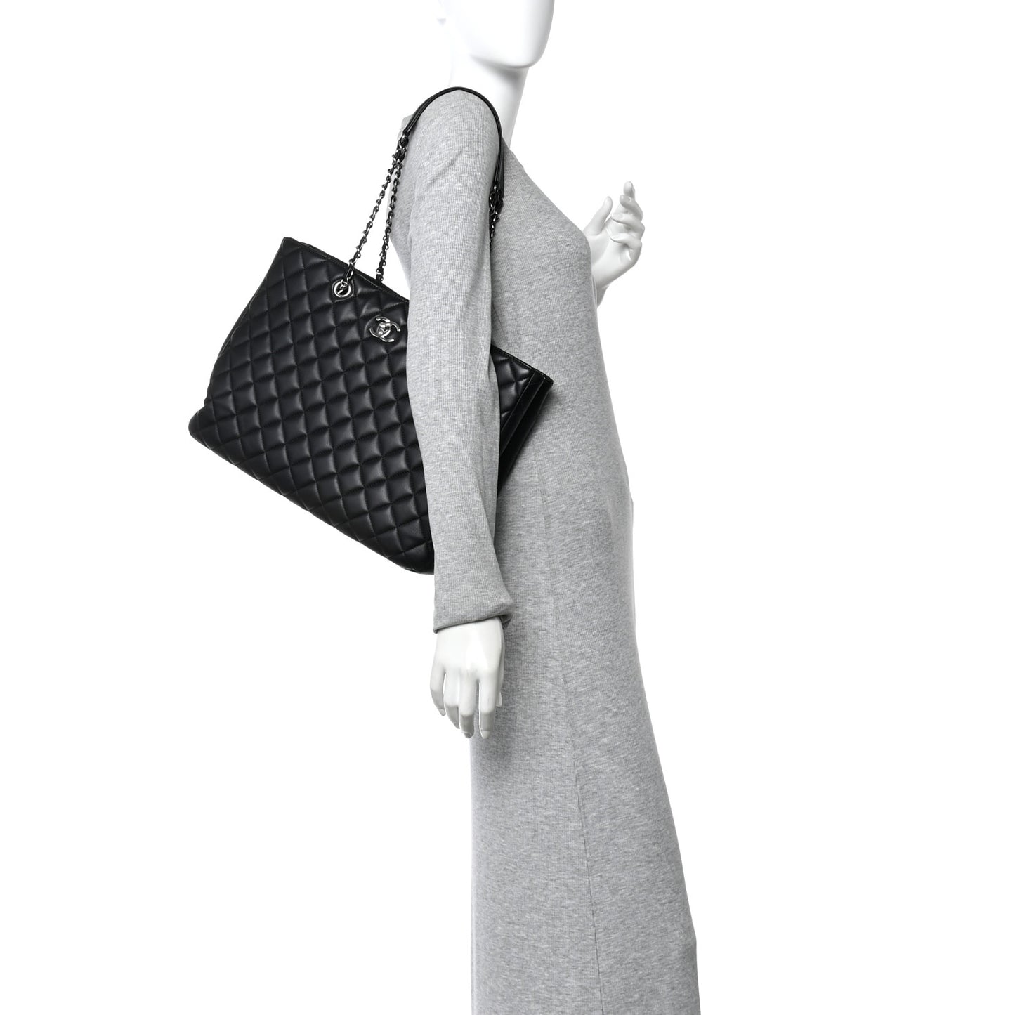 Calfskin Quilted Large CC Shopping Tote Black