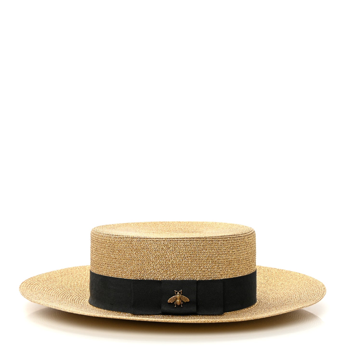 Glittered Straw Grosgrain Wide Brim Hat L Gold Black