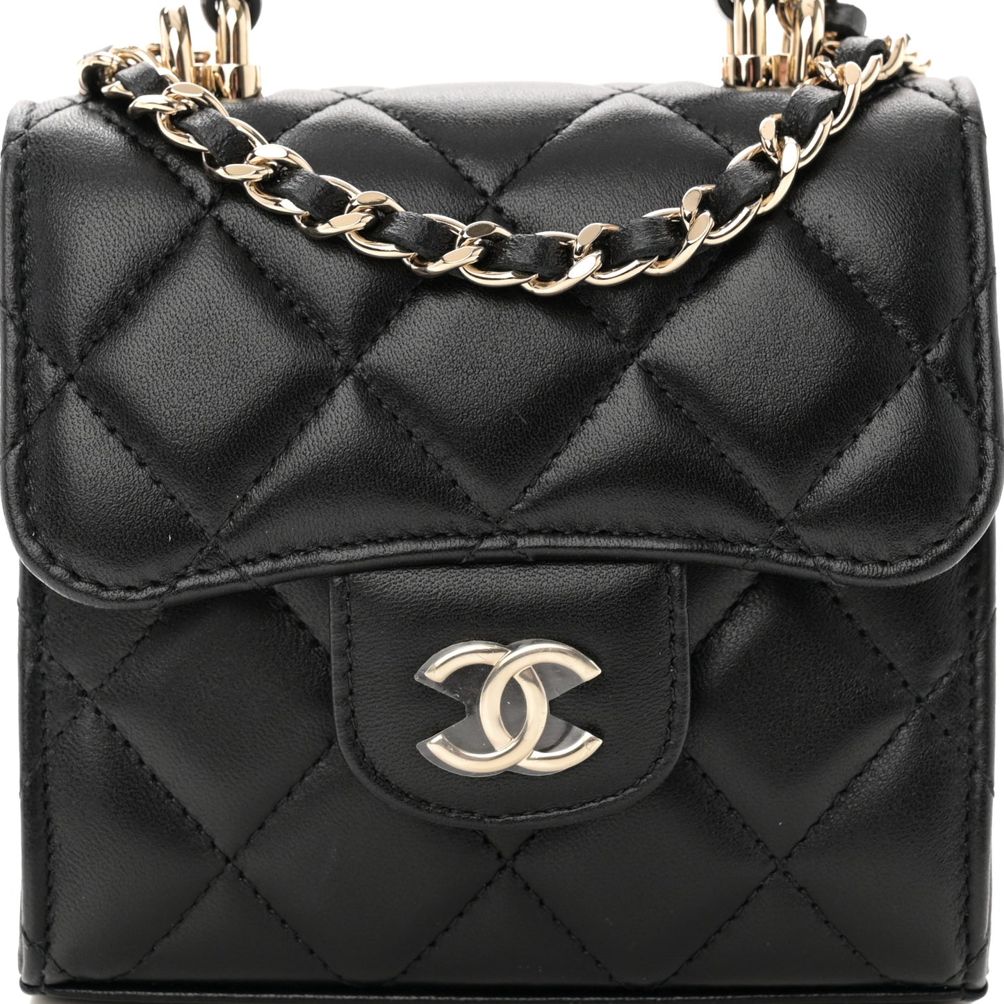 Lambskin Quilted Top Handle Flap Clutch With Chain Black