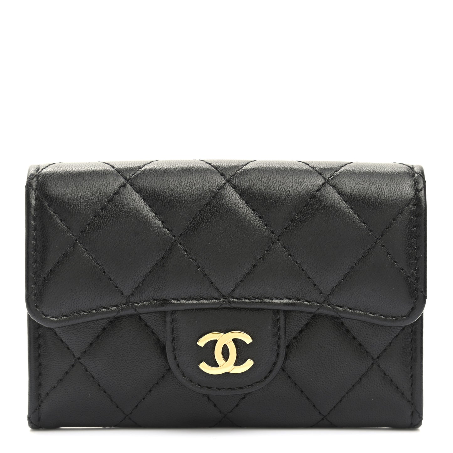 Lambskin Quilted Flap Card Holder Black
