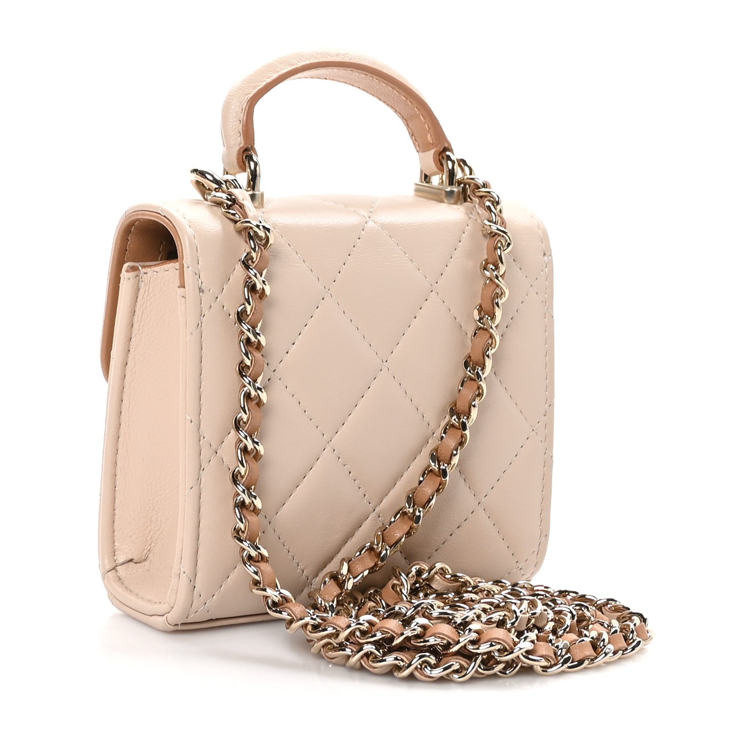 Lambskin Quilted Bi-Color Top Handle Clutch With Chain Beige Brown